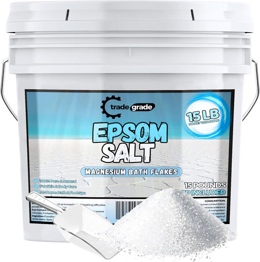 Epsom Salt Bath Soak 15 lb Bucket – Unscented, Pure Epsom Salt Bulk Crystals, Magnesium Sulfate for Full Body or Foot Soaks, Resealable Container with Scoop for Home Bath Use