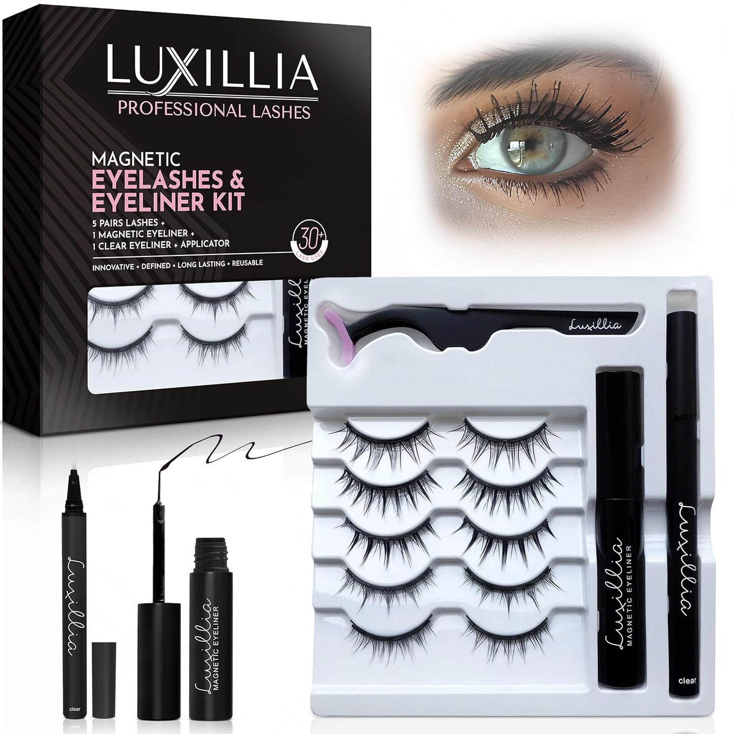 Luxillia Magnetic Eyelashes Kit – 8 Piece (Clear & Black) Magnetic Eyelash & Eyeliner Set with Applicator – Natural Look Easy Apply Reusable Fake Extension Lashes, No Glue Magnéticas Naturales
