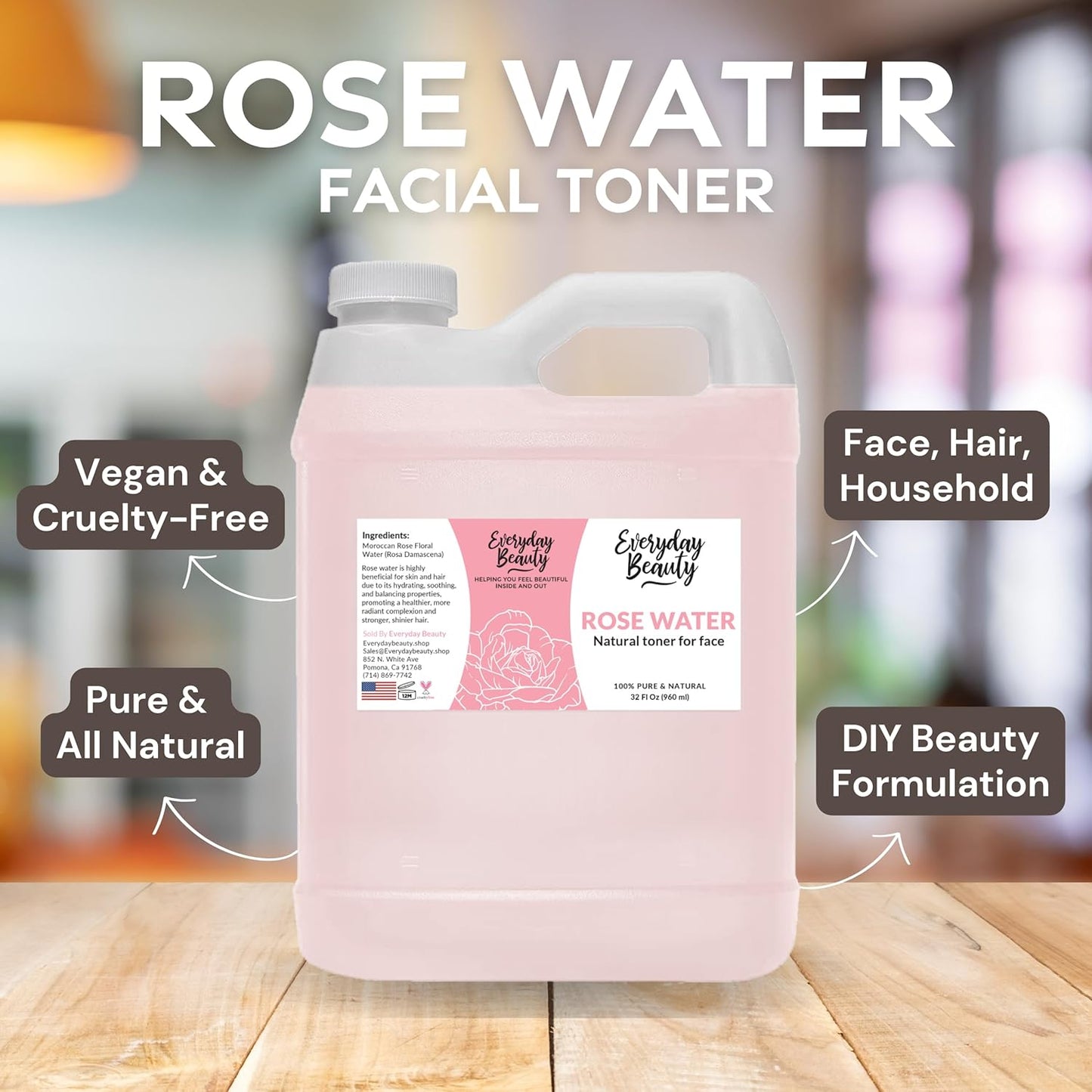 Rose Water Facial Toner - 32oz Bulk Alcohol-Free Vegan All Natural Refreshing for Face and Hair - Uplifts, Calming & Soothing for All Skin Types