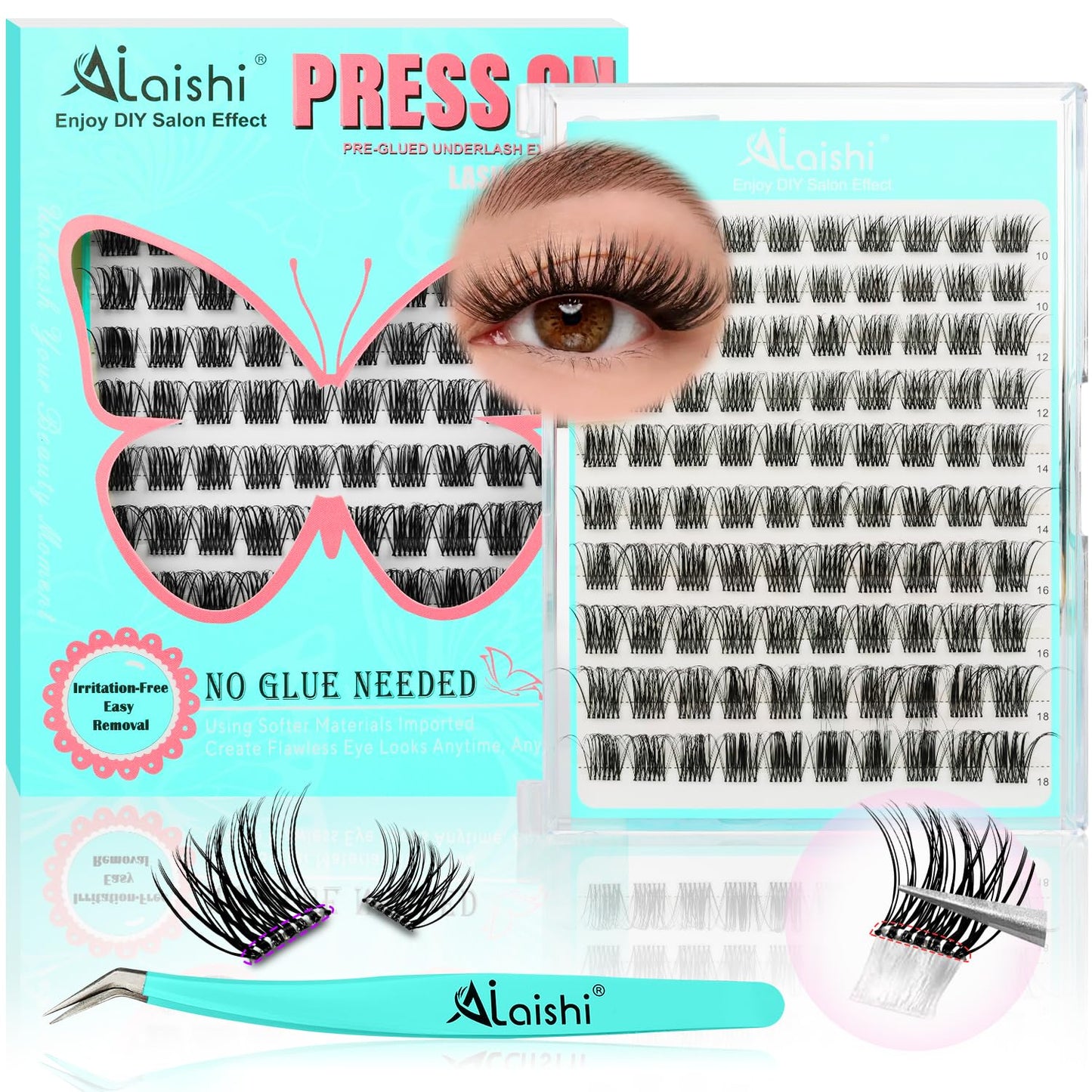 No Glue Needed Lashes, Self Adhesive Eyelashes, DIY Lash Eyelash Extensions Kit 10‑18mm,100pcs Fluffy D Curl Soft Natural Lashes with Tweezers–Fake Cat Eye Wispy Individual Clusters NG2031-1