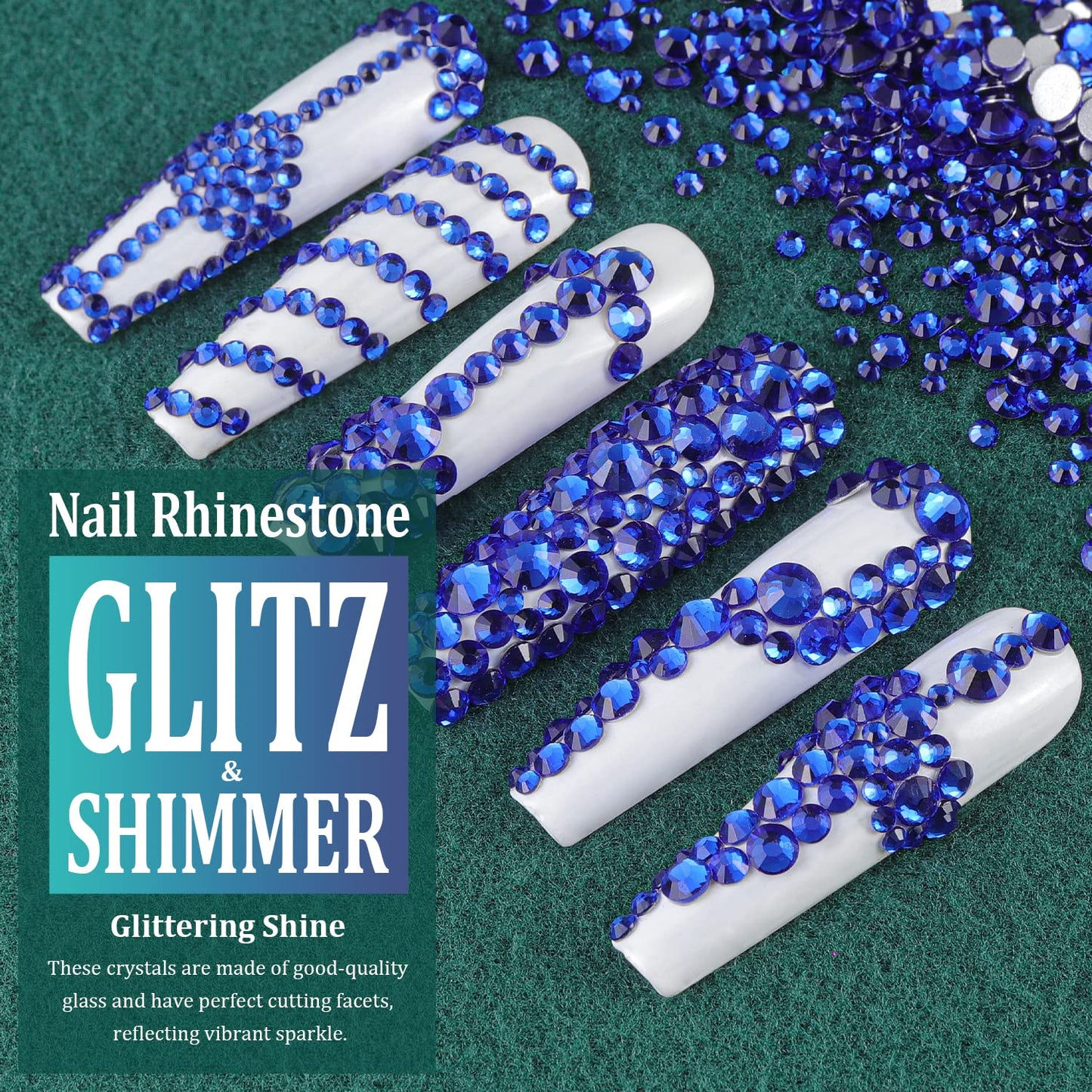 6 Sizes Royal Blue Glass Crystal Kit with Pickup Pen + Tweezer Tools for Shine Nail Art Manicure Makeup DIY Decoration Flatback Round Rhinestone Gem Jewelry Diamond