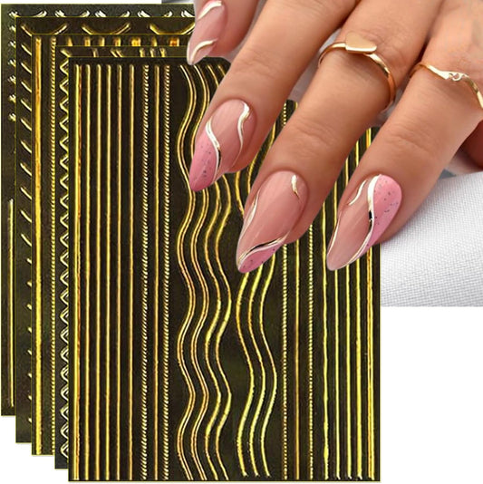 12 Sheets Gold Line Nail Art Stickers - French Smile Waves Strip Self-Adhesive Nail Decals for DIY Geometric Manicure
