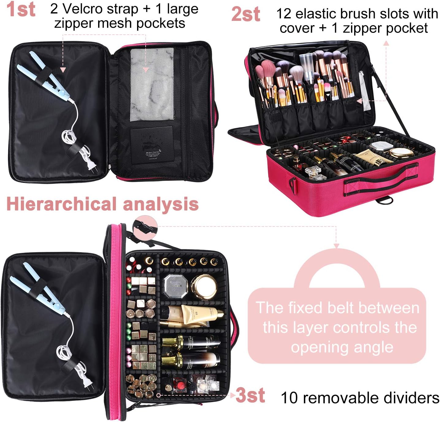 Travel Makeup Case Portable Makeup Train Case Organizer Cosmetic Bag with Adjustable Dividers and Shoulder Strap for Makeup Brushes Toiletry Travel Accessories(Rose Red, L)