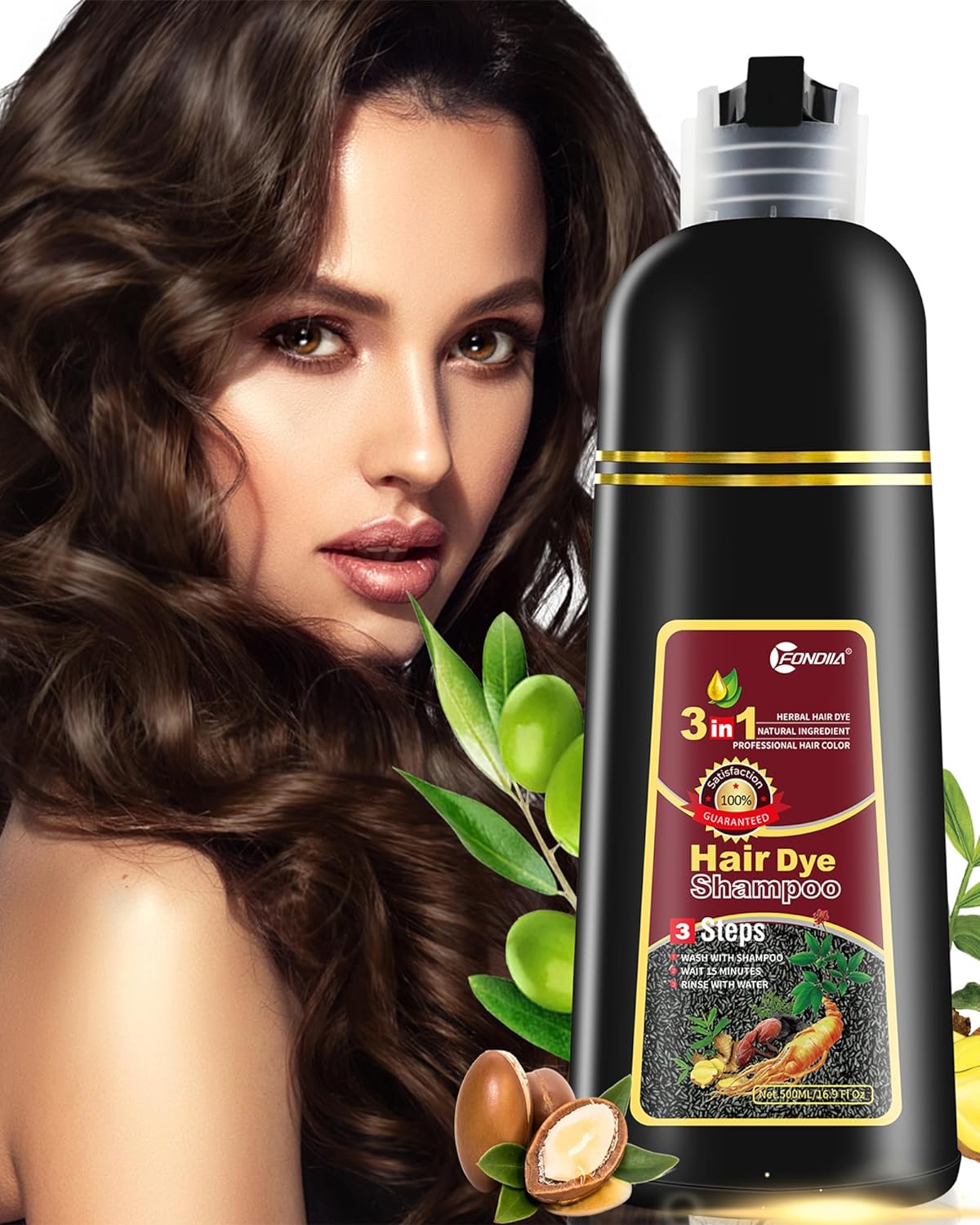 leorx Instant Hair Dye Shampoo For Gray Hair, 500ml - 3 In 1 Herbal Coloring For Women & Men - Dark Brown Color, Ammonia Free - Tintes Para El Cabello Profesional