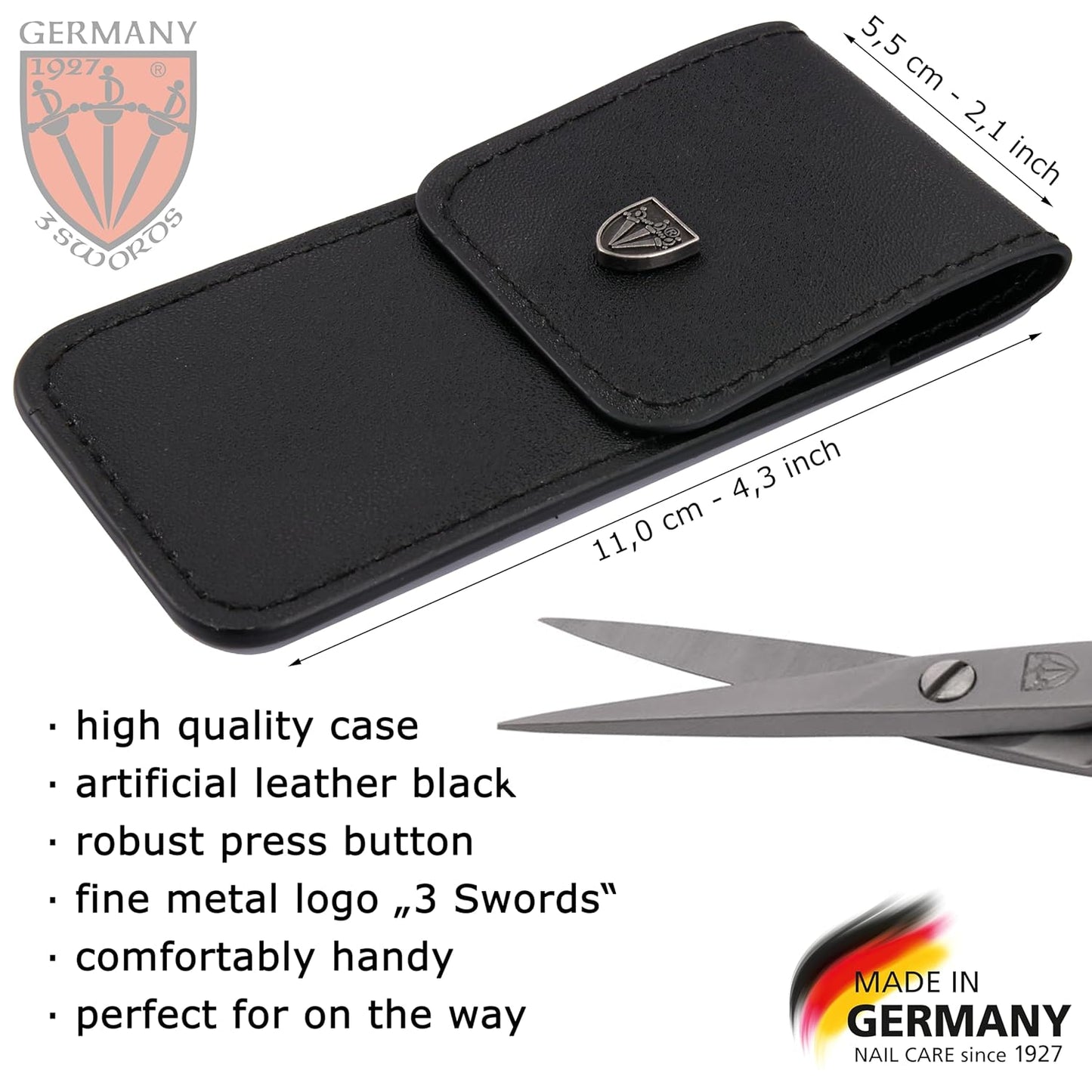 3 Swords Germany - brand quality STAINLESS STEEL INOX STRAIGHT CUTICLE SCISSORS (1 PIECE) with case for manicure pedicure - nail care by 3 Swords - Made in Germany