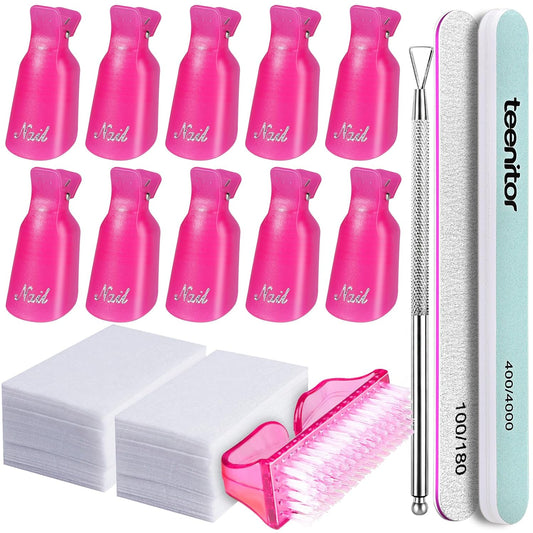 Teenitor Gel Nail Polish Remover Kit with 10pcs Nail Polish Remover Clips Cap 115pcs Nail Wipe Cotton Pads Nail Scraper Nail Files and Buffer Bushes - Hot Red