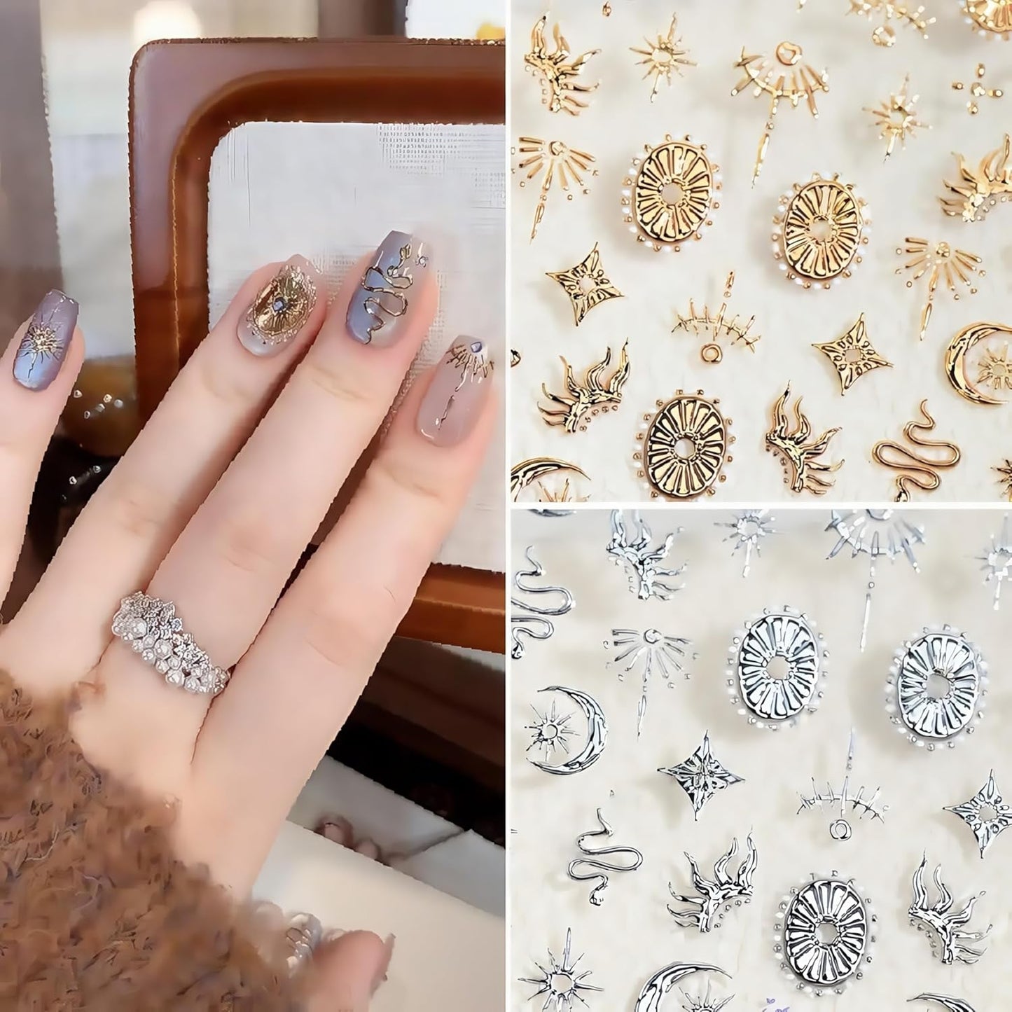 2 Sheets 5D Gold Star Nail Stickers for Nail Art Gold Silver Snake Nail Decals 5D Self-Adhesive Embossed Bronzing Stars Moon Nail Supplies Flame Retro Exquisite Nails Design for Women DIY Nail Decor