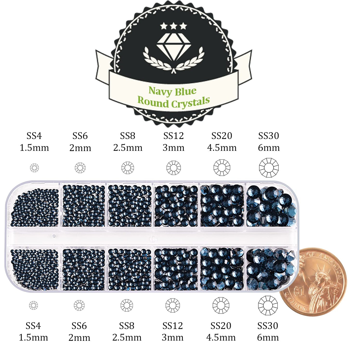 One Pack 2000 Pcs of Flatback Round Navy Blue Rhinestones 6 Sizes (1.5-6 mm) with Nail Art Rhinestone Picker Pencil and Tweezer for DIY and Salon Use