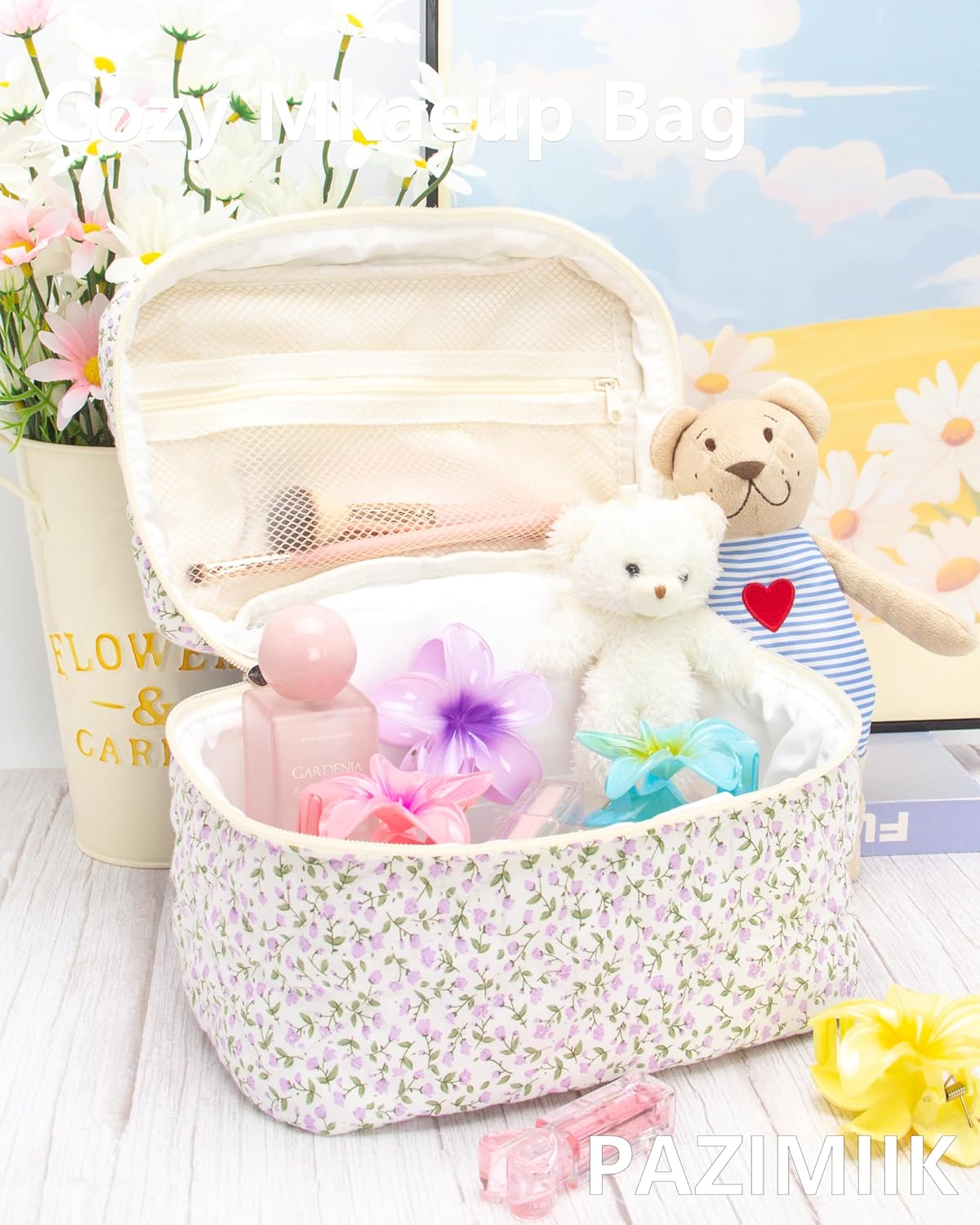 PAZIMIIK 3PCS Makeup Bag SET Large Travel Quilted Zipper Soft Cosmetic Case Pouch for Women Girls Make Up,Floral Purple