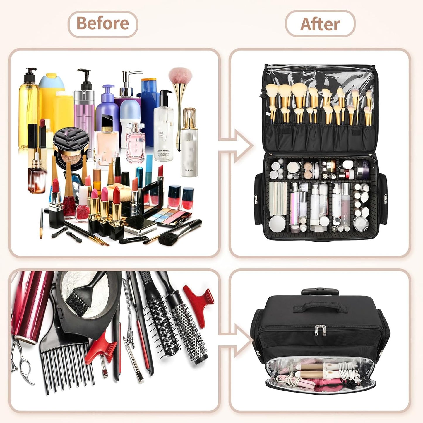 Professional Rolling Makeup Case Extra Large Travel Cosmetic Trolley with Removable Pouches &amp; 360° Wheels