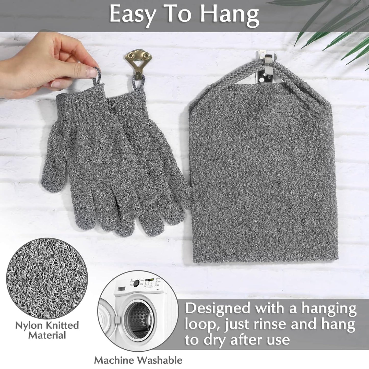 Anezus Exfoliating Back Scrubber Bath Gloves Set, Exfoliating Shower Towel with Shower Gloves for Body Scrub, Back Cleaner Wash Gloves to Remove Dead Skin (Grey)