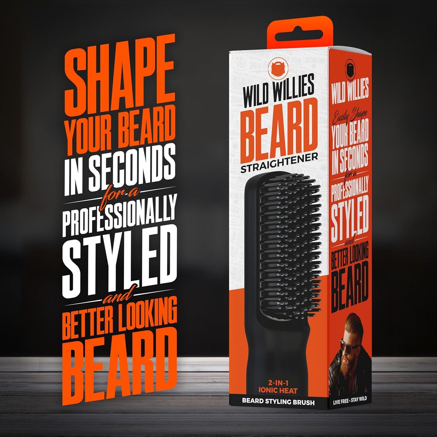 Wild Willies Beard Straightener for Men - 3 Temperature Settings, Tourmaline Ceramic Heated Beard Brush & Hot Comb - Portable, Ionic Technology, Coarse & Curly Hair, 400F - Grooming Tool