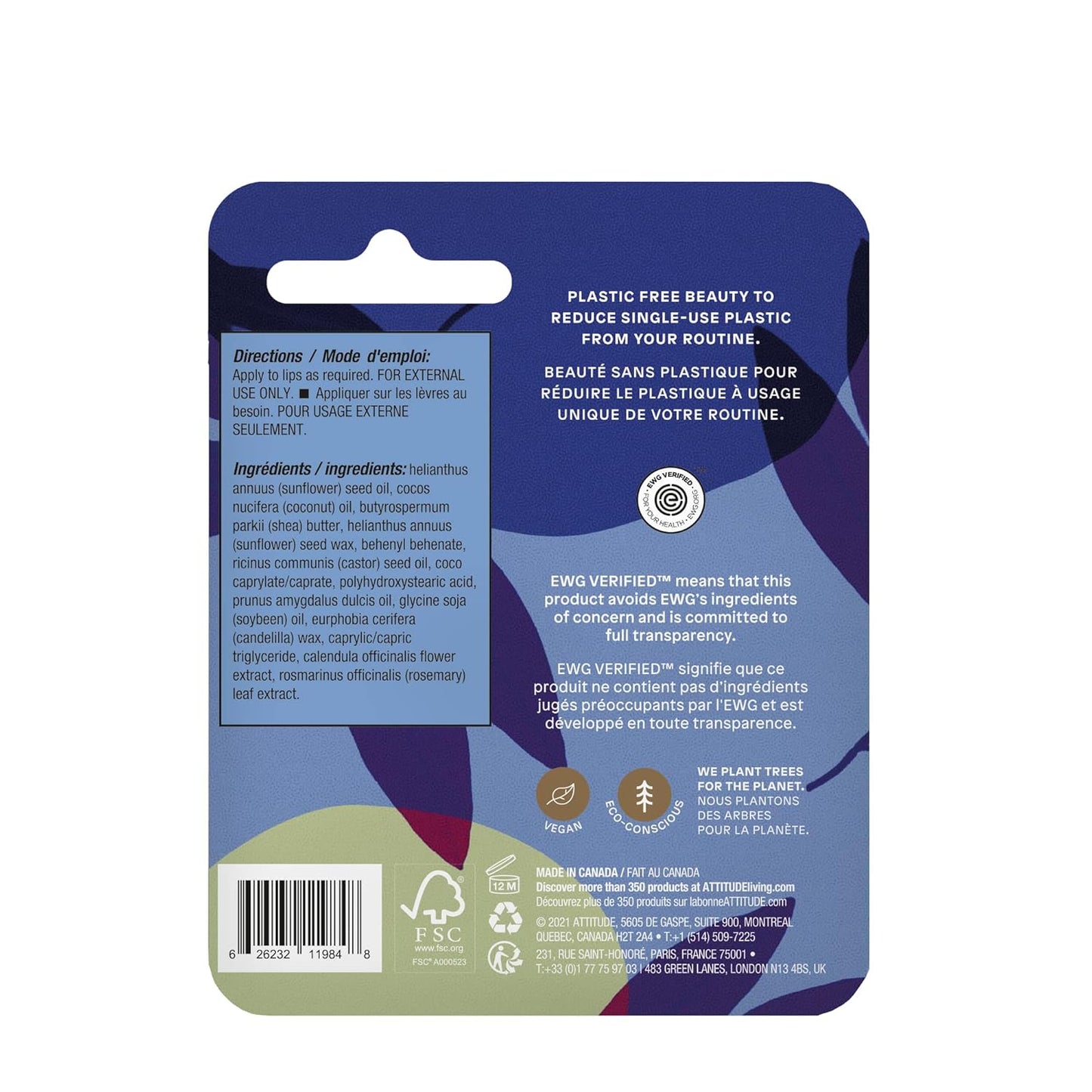 ATTITUDE Lip Balm, Natural Origin, Nourishes & Protects, Shea Butter, Coconut & Castor Oils, EWG Verified, For Dry Lips, Men and Women, Vegan, Unscented, 0.3 Oz