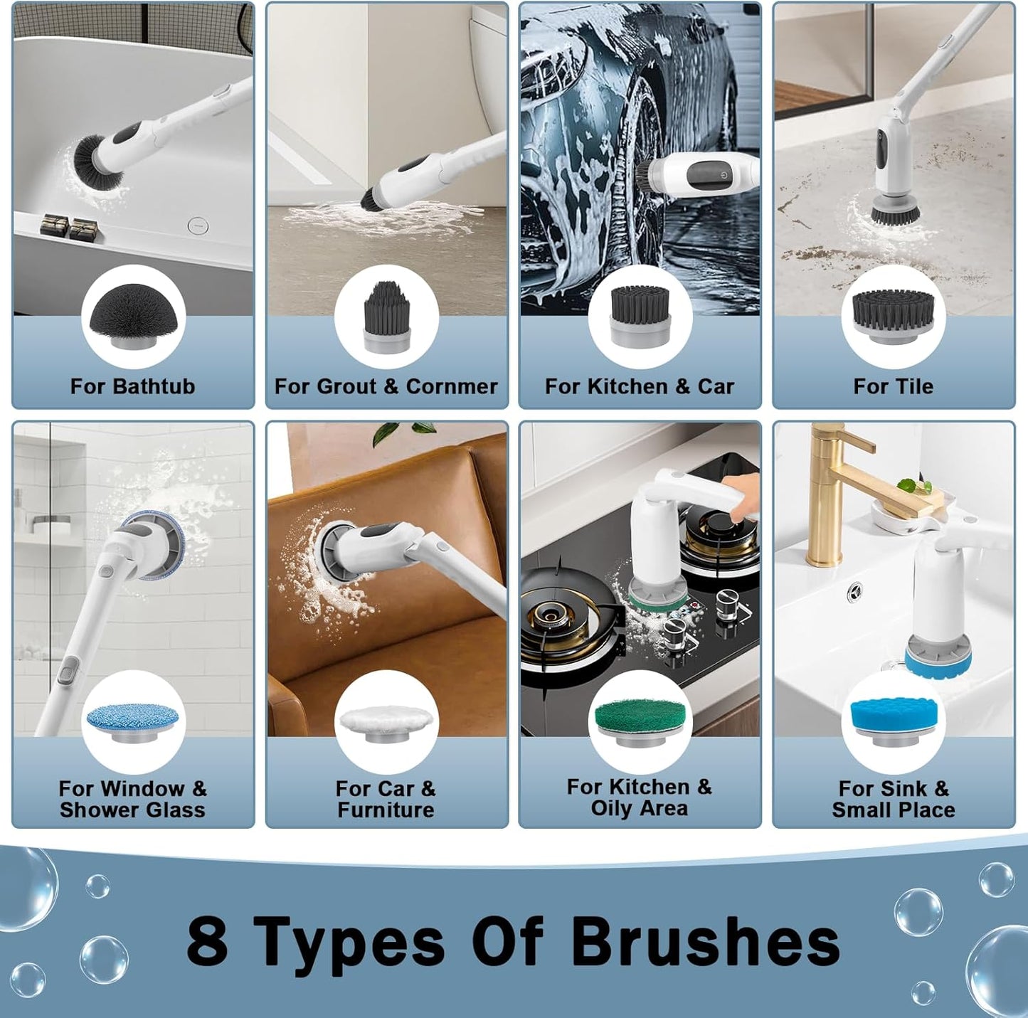 Electric Spin Scrubber, 2025 Upgraded Cordless Bathroom Scrubber, Aluminum Alloy Telescopic Handle, Shower Cleaner Brush with LED Display, 3 Speeds, 8 Brush Heads, IPX7 Bathtub Electric Cleaning Tool