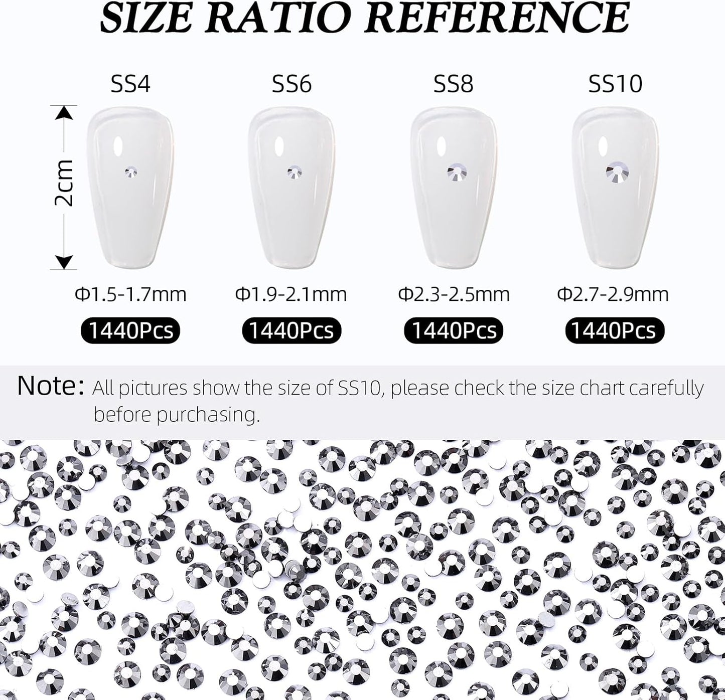 Black Hematite Flatback Rhinestones, Glass Rhinestones for Nail Art and Craft, Glue Fix, Loose Crystal Gemstones(Black Hematite, SS8, 1440pcs, 2.3-2.5mm)