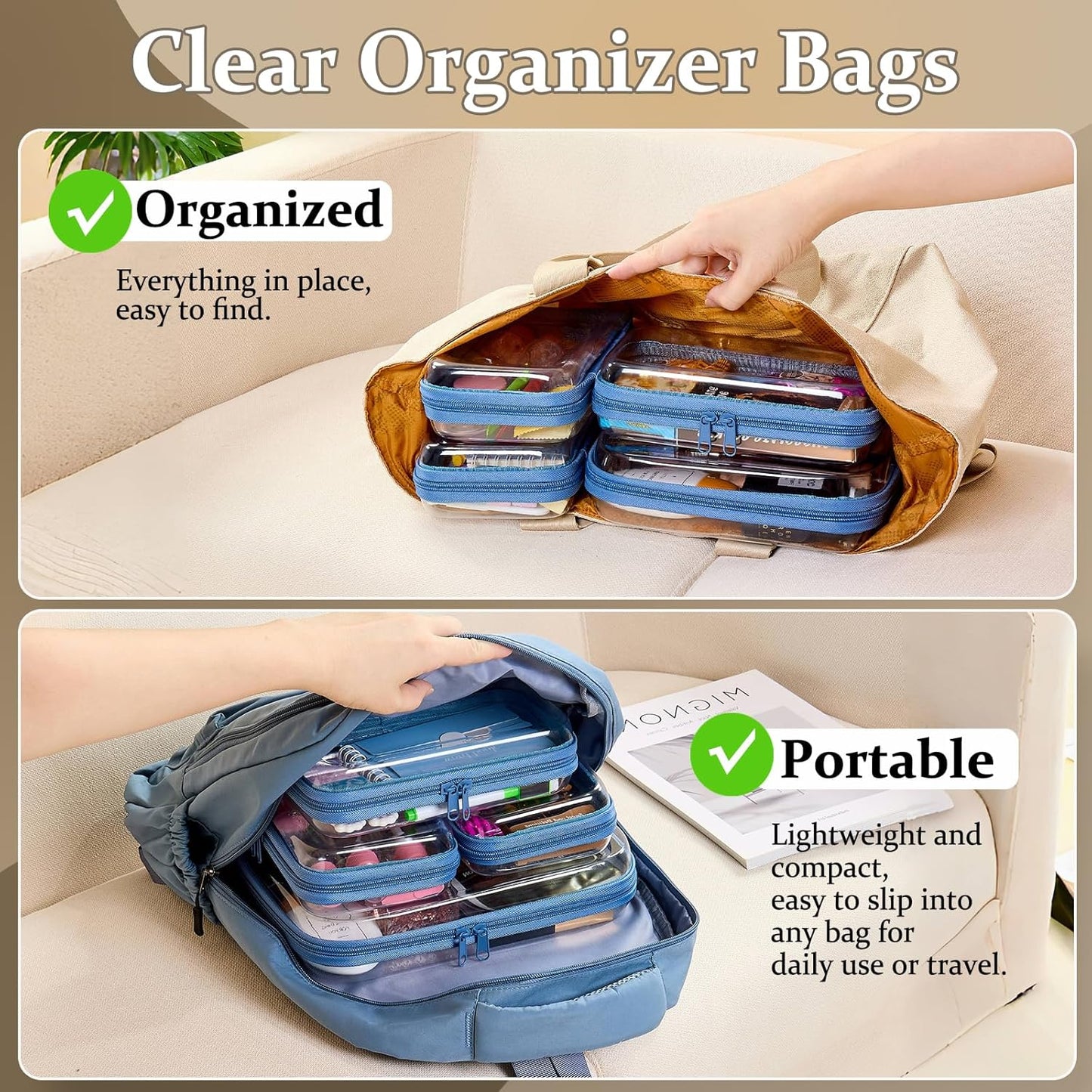 4 pcs Clear Zipper Pouches,Hard Shell Zipper Case, Toiletry Bag for Travel, CLear Diaper Bag, Toiletry Pouch, Travel Organizer, Clear Cosmetic Bag,Toy Storage Bins (M+3S) (Blue)