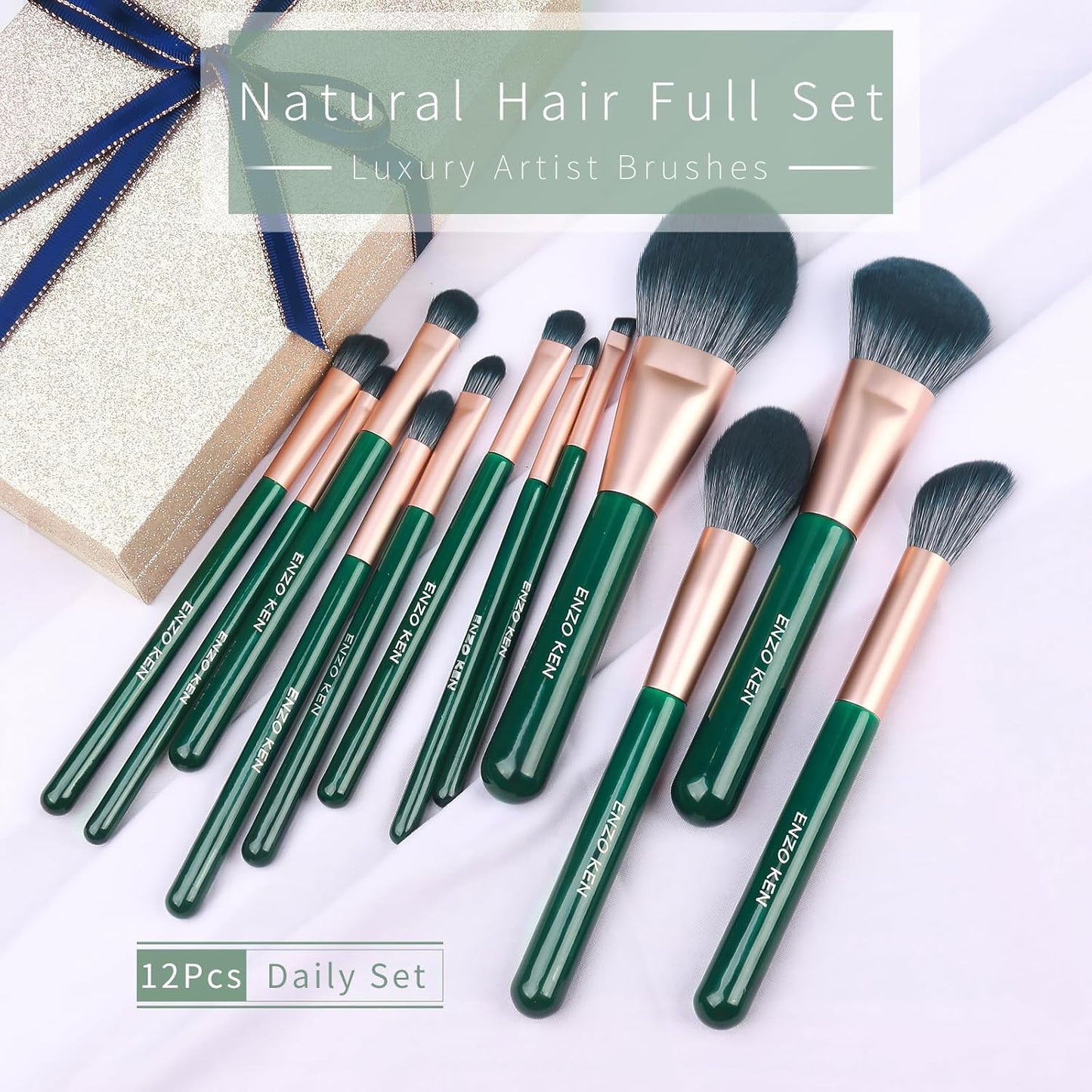 Natural Fiber & Goat Hair Makeup Brush Set Professional, Combined Hair Makeup Brushes Set with Case by Luxury ENZO KEN, Emerald Green Cosmetic Brushes Makeup Set, Natural Bristle Makeup Brushes.