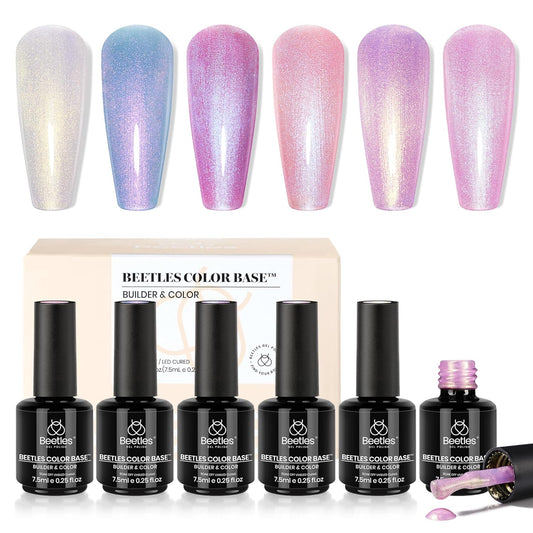 Beetles Pearl Rubber Base Gel Set- 6Pcs Pastel Rubber Base Coat Shimmer Pearl White Pink Purple Mermaid Nail Drawing Builder Gel 5-in-1 Soak Off Nail Strengthener UV Light Cure for Women