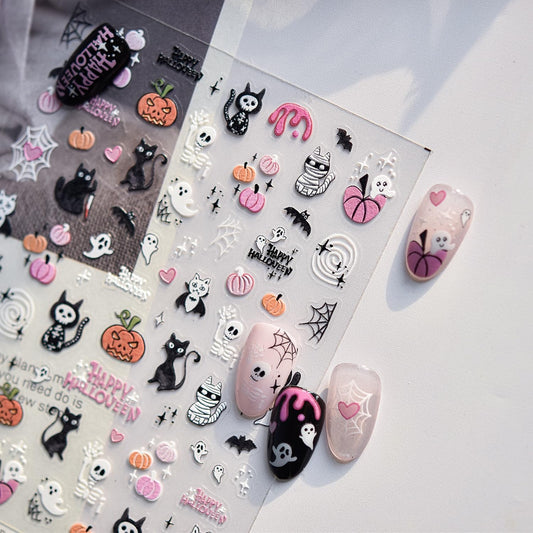 5D Embossed Halloween Nail Stickers Cute Cat Ghost Nail Art Stickers for Nail Designs Self Adhesive Halloween Pumpkin Mummy Nail Decals for Women Nails Supplies Decoration Accessores