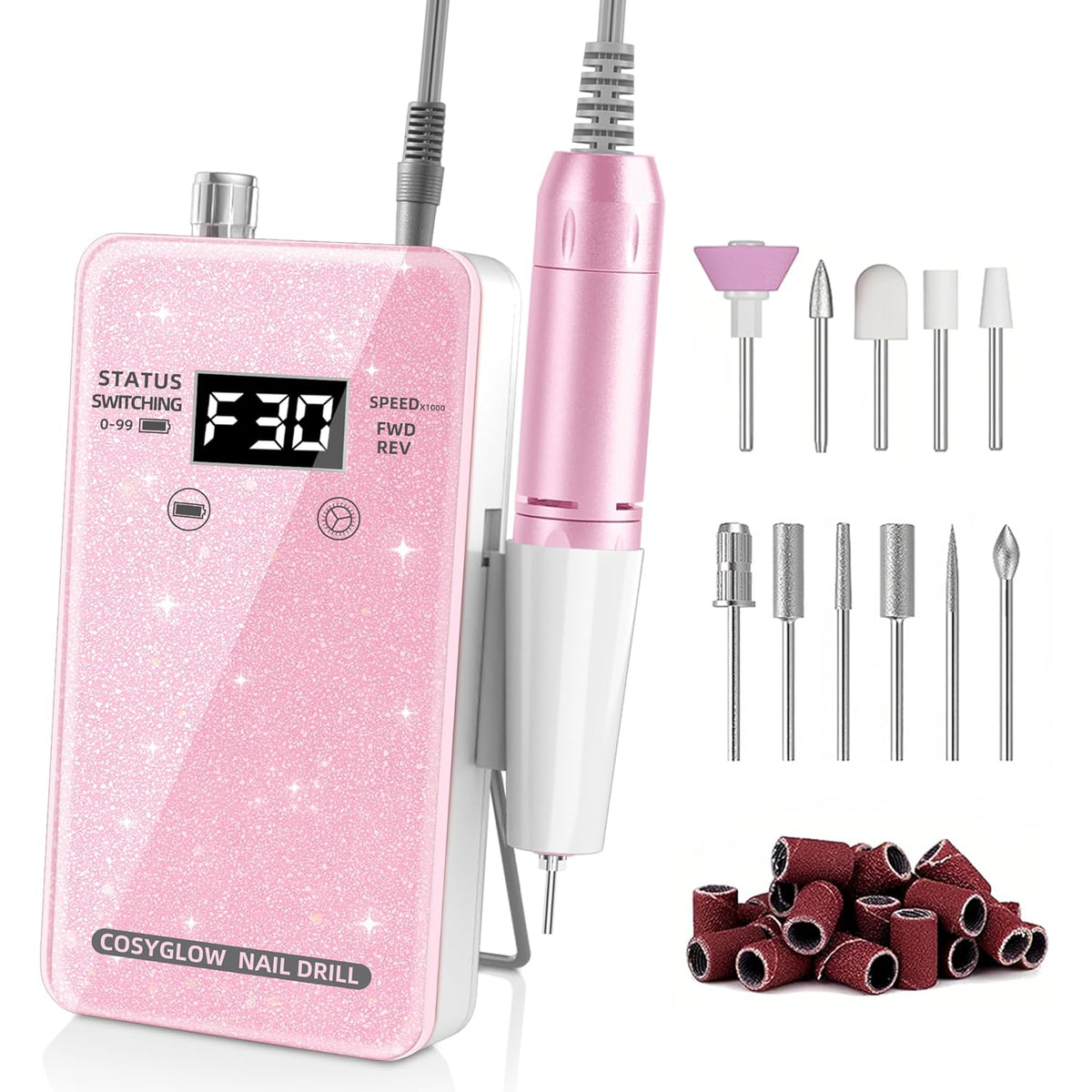 Professional Electric Nail Drill File:COSYGLOW Glitter Portable Cordless E-File Nail Drill Kit with 11 Drill Bits,30000 RPM Rechargeable Nail Drills Machine for Acrylic Nails Gel Polishing (Pink)