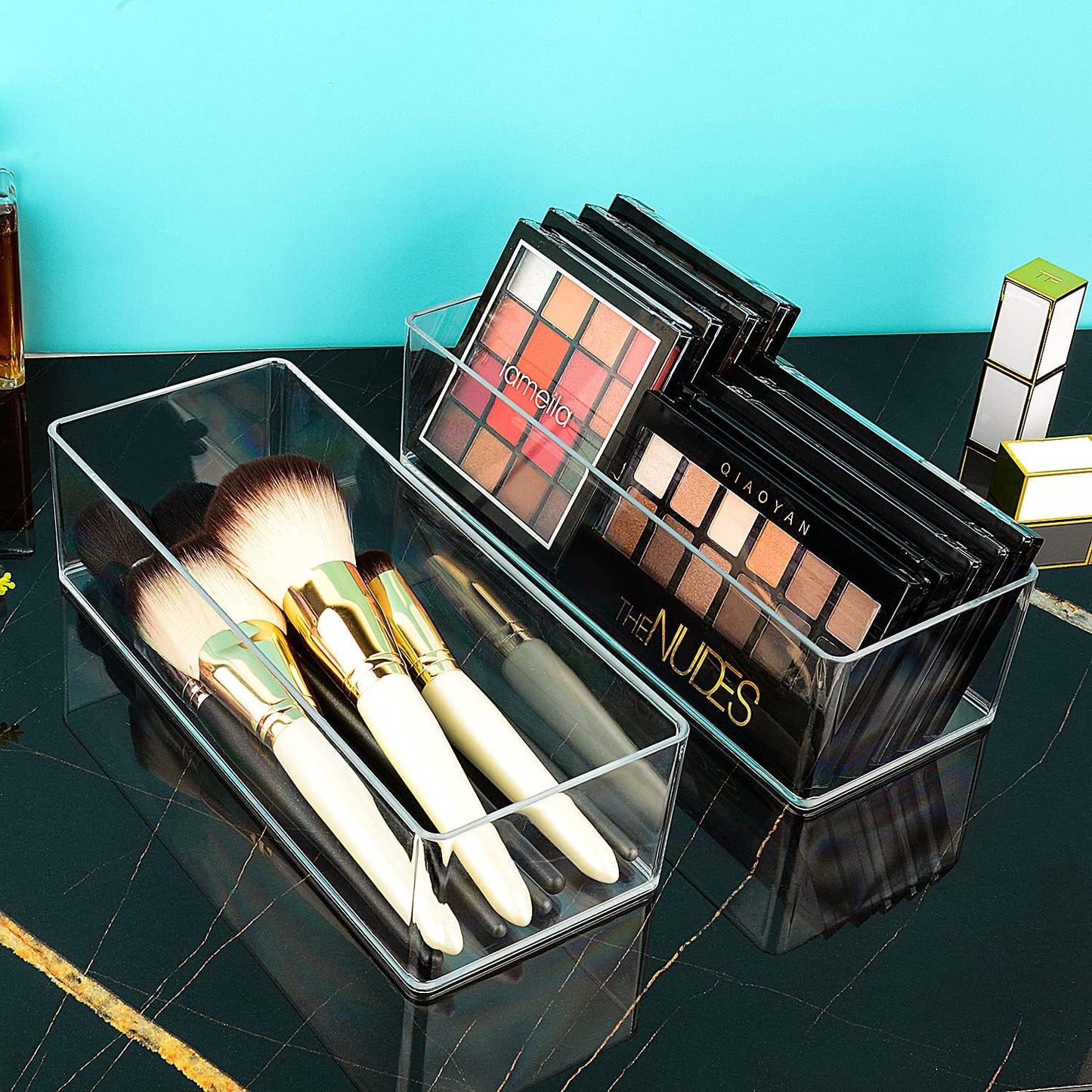 JessLab Acrylic Organizers, Bathroom Organizer for Drawer, 4-Pack Cosmetic Display Cases for Vanity, Countertop, Desk, Kitchen, and Makeup Storage, 2 of 1-Compartment and 2 of 3-Compartment