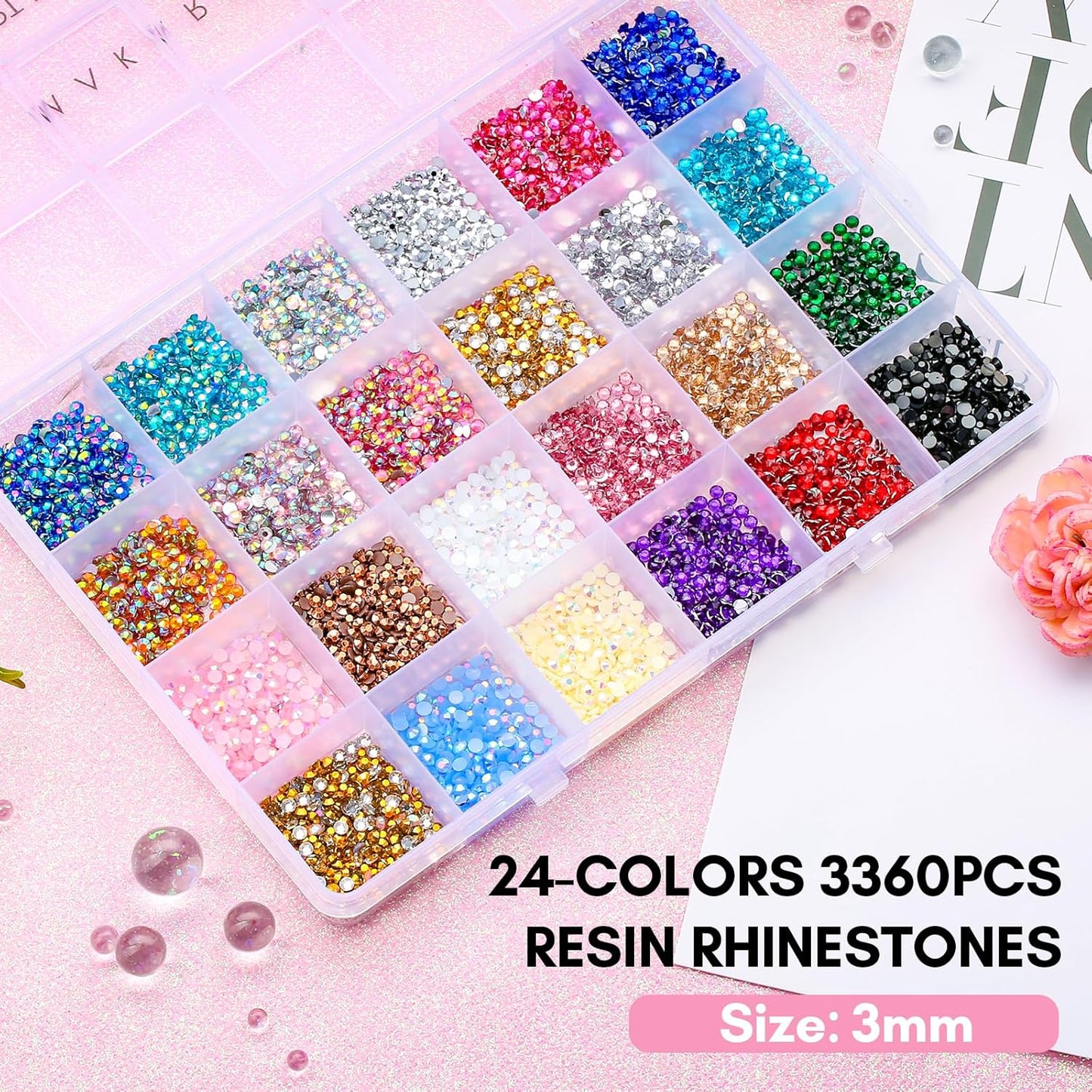 Makartt Nail Rhinestone Glue Kit: 15ml Strong Gems Adhesive Gel with 3360pcs 24 Colors Flatback Crystals Rhinestones for 3D Nails Art, Includes Tweezer, Home & Salon Manicure Kit