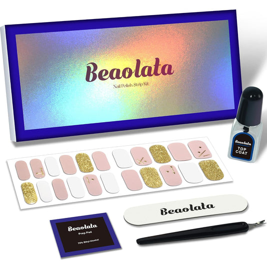 Nail Polish Strips, 44PCS Salon Quality Wraps with Top Coat, Long Lasting Gel Nail Stickers for Women Easy Apply& Remove (Sailing on Pink&Gold)