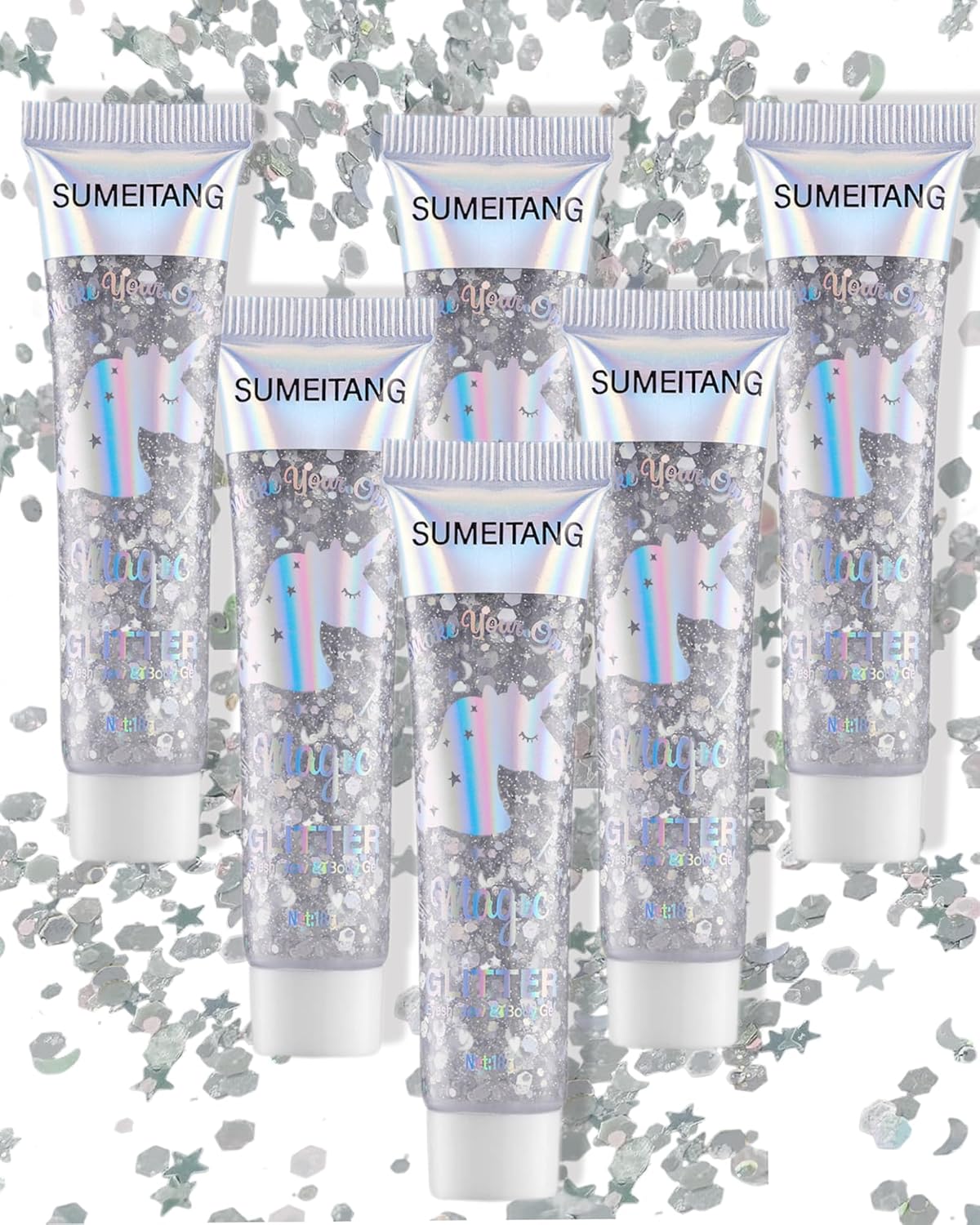 6PCS Silver Face Body Glitter Gel，Holographic Chunky Sequins Body Glitter Paint for Party Singer Concerts Music Festival Rave Accessories for Girls Women Face Body DIY Sparkling Makeup