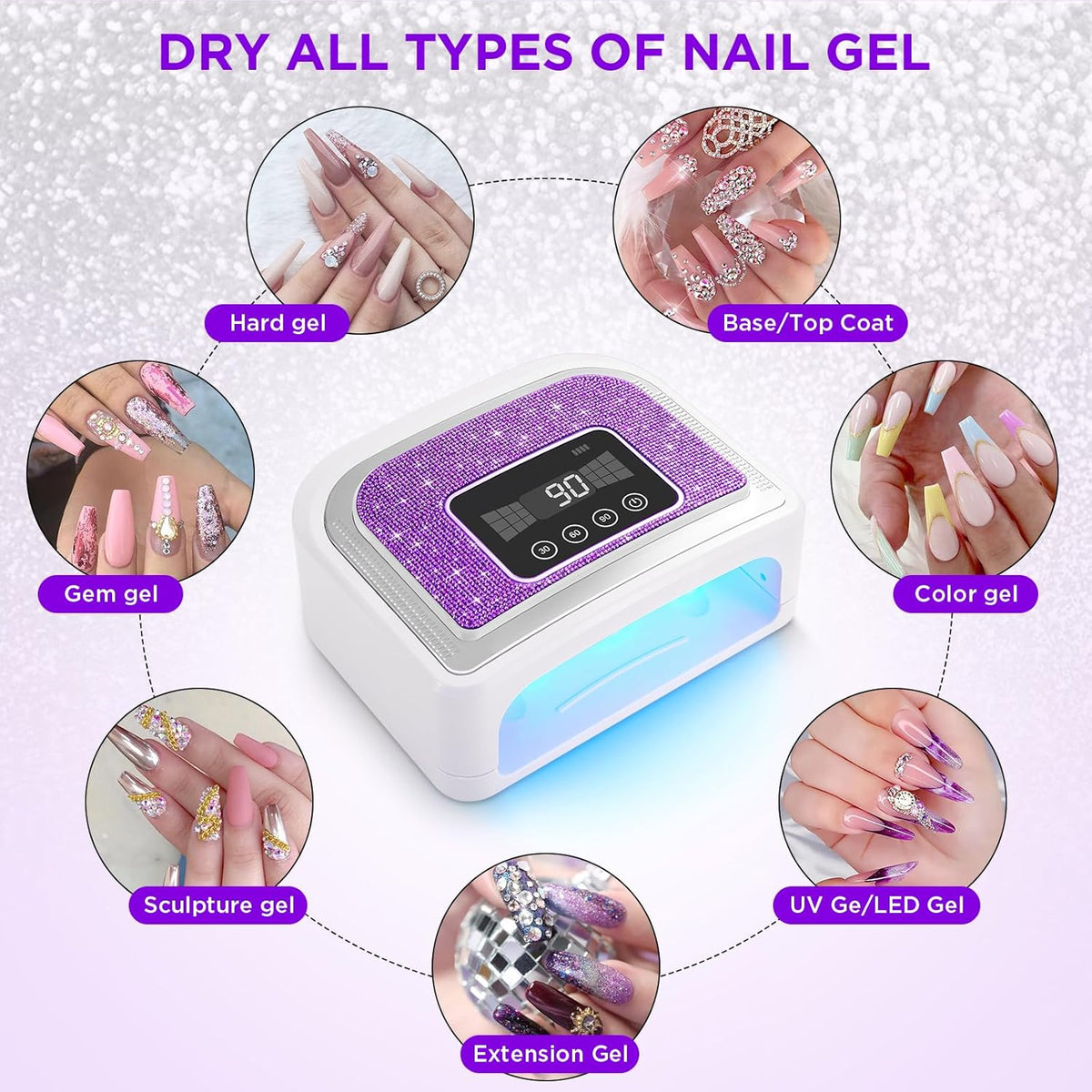 Cordless Nail Lamp, Rechargeable UV Nail Lamp for Gel Nails, LED Nail Lamp with 4 Timer Modes, Gel Nail Light Decorate with Sparkling Nail Rhinestones Diamond (Sparkly Purple Diamond)