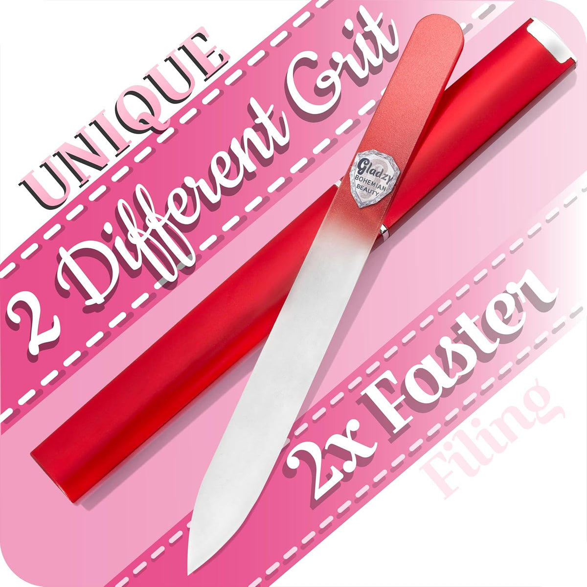 GLADZY Czech Glass Nail File with Case – Double Sided Crystal Nail File for Natural Nails, Dual Grit Coarse & Smooth Sides, Etched Bohemian Glass Manicure Tool, Professional Care, Ethically Made in EU