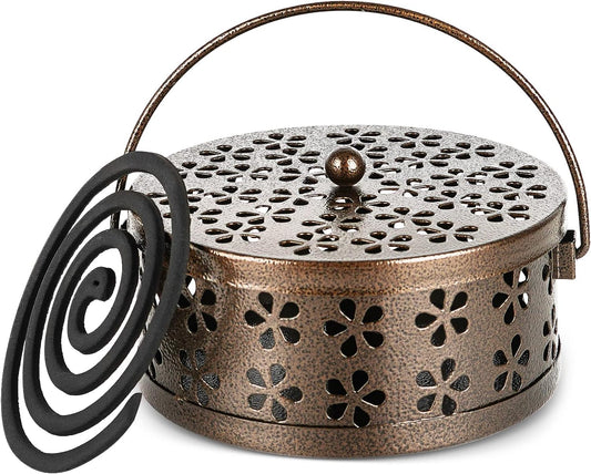 Portable Iron Mosquito Coil Holder with Handle Round Heat-Resistant Incense Holder (Bronze)