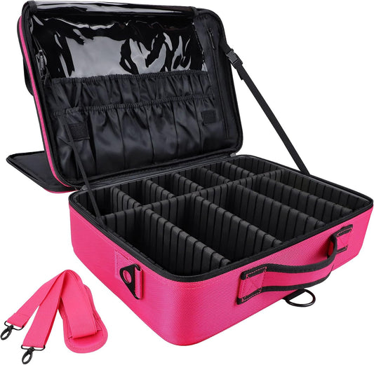Travel Makeup Case Portable Makeup Train Case Organizer Cosmetic Bag with Adjustable Dividers and Shoulder Strap for Makeup Brushes Toiletry Travel Accessories(Rose Red, L)