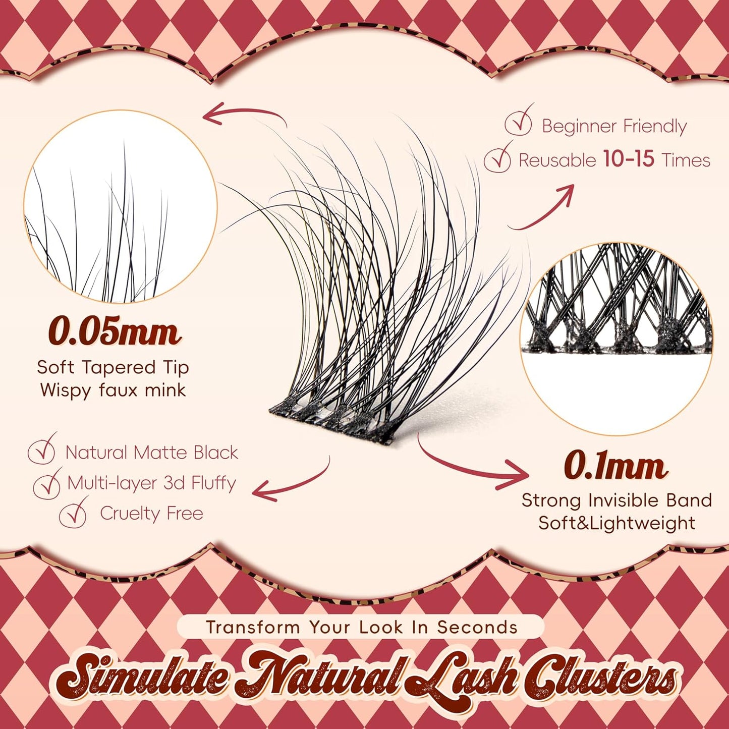 Lash Clusters 0.05mm PBT Fiber Eyelash Clusters, 0.1mm Superfine Invisiband D Curl Diy Lash Extension, 96pcs 8-16mm Individual Like Eyelash Extensions (Dash-D-8-16Mix)