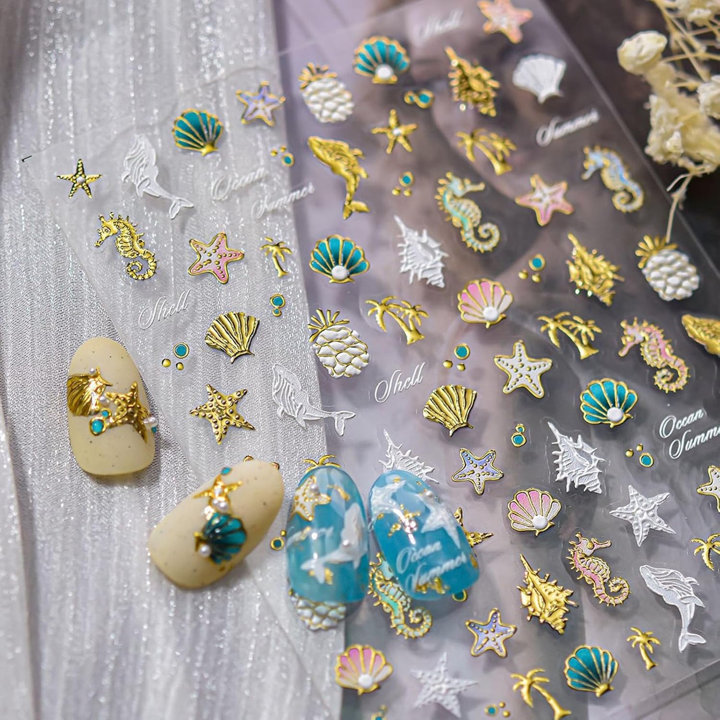 1Pcs Summer Nail Stickers for Nail Art 5D Embossed Pineapple Conch Dolphin Shell Nail Art Sticker Golden Seahorse Nail Decals Coconut Tree Starfish Nails Stickers Ocean Beach Nails Design for Women