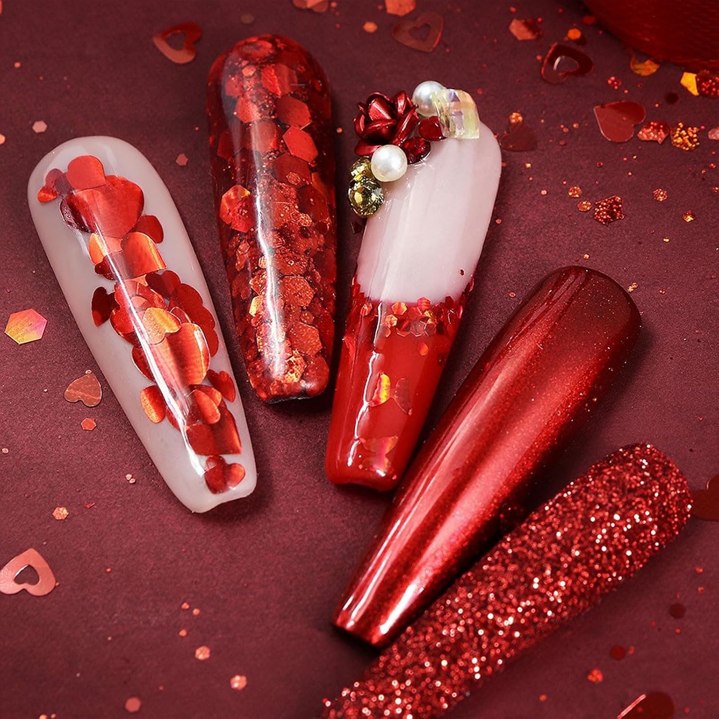 Heart Nail Art Glitter Red Valentines Day Nail Sequins Flakes, Red Manicure fine Glitter Powder, 3D Holographic Round Hexagon Nail Stickers Decals Supplies Nail Charms for Women 6 Box