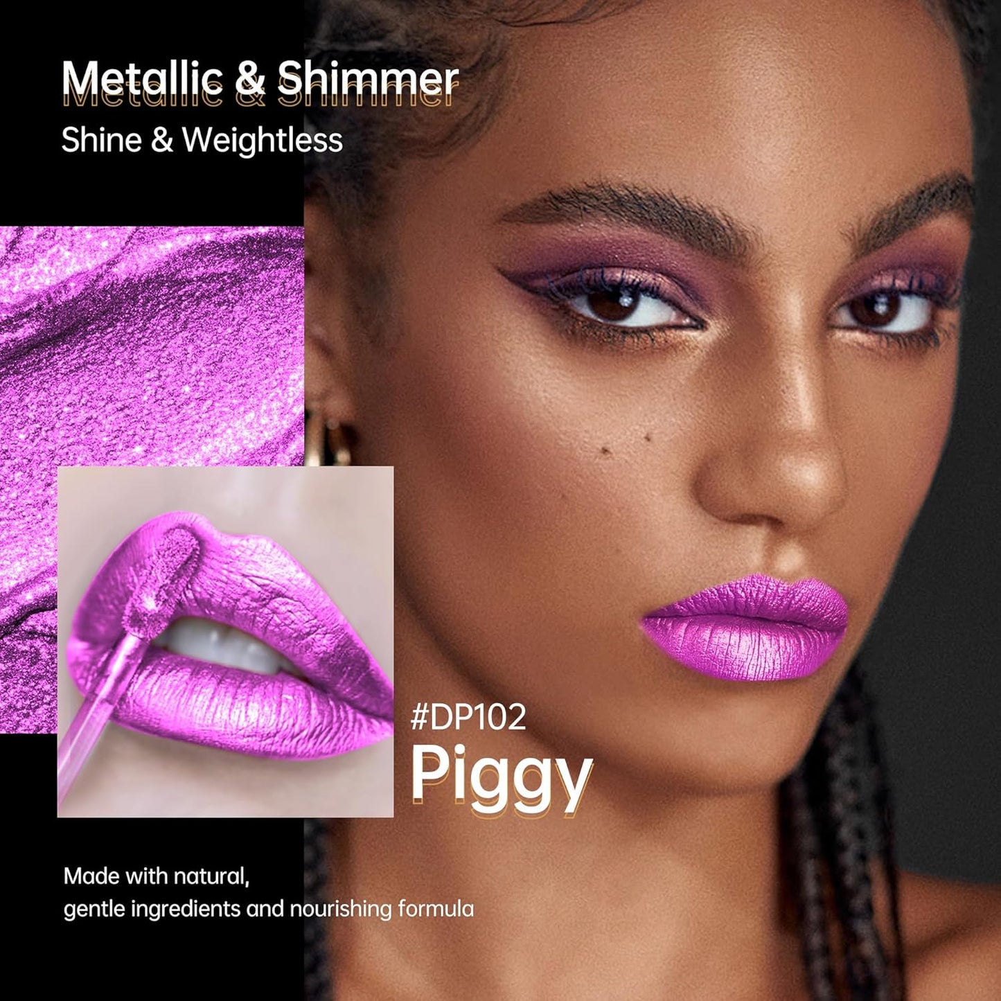 Purple Lipsticks for Women Metallic Lipstick Long Lasting Lip Gloss Metal Shine Lightweight Hydrating Full Coverage Lip Color, DP102 Piggy