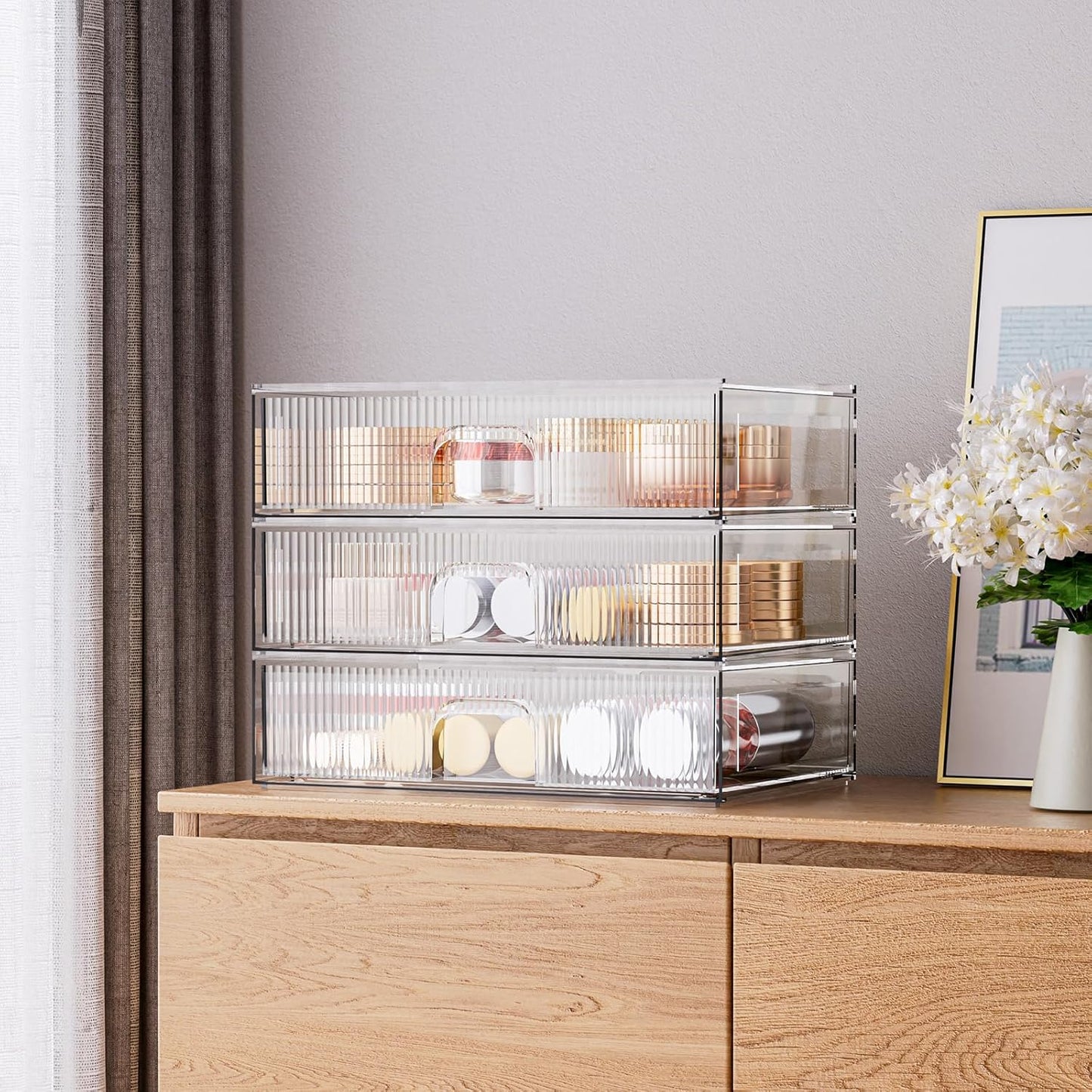 3 Piece Clear Stackable Acrylic Drawer Organizer Set for Vanity Bathroom Cabinet Storage