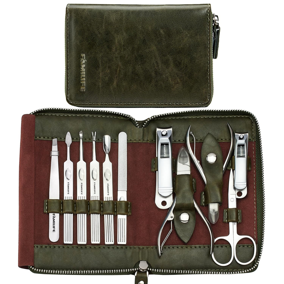 FAMILIFE Manicure Set, Professional Manicure Kit Nail Clippers Set 11 in 1 Stainless Steel Nail Pedicure Tools Kit Grooming Tool with Portable Green Leather Travel Case Luxury Gifts for Women and Men