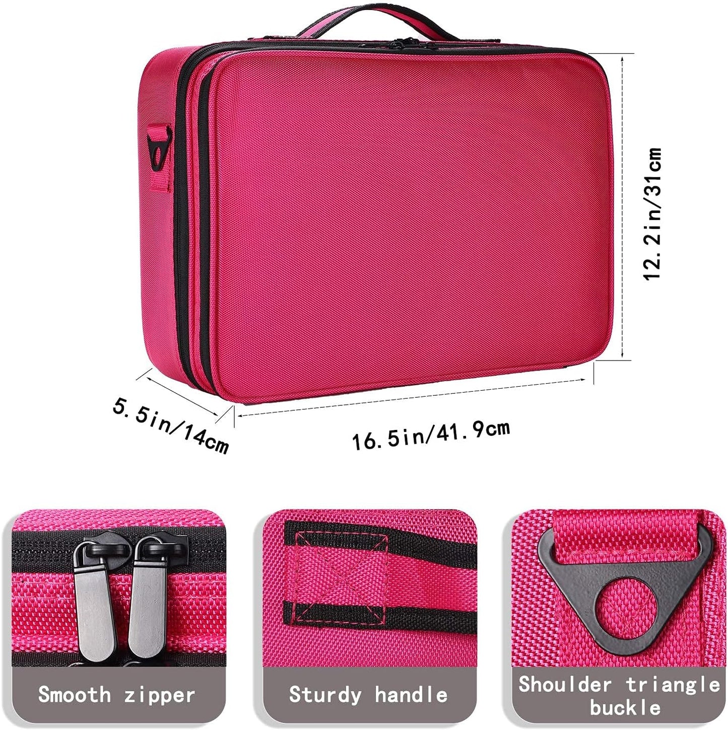 Travel Makeup Case Portable Makeup Train Case Organizer Cosmetic Bag with Adjustable Dividers and Shoulder Strap for Makeup Brushes Toiletry Travel Accessories(Rose Red, L)
