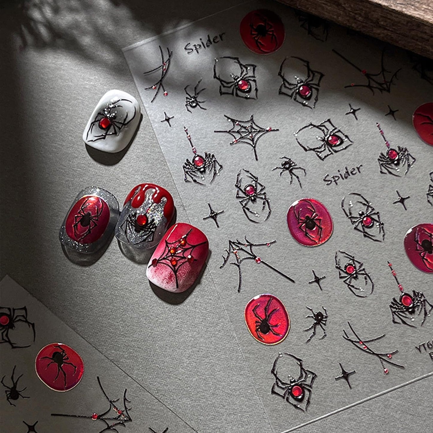 Halloween 5D Embossed Nail Art Stickers Decals Spider Gem Nails Sticker Spider Web Nails Decal Self-Adhesive Nail Art Decals for Women Halloween Decor
