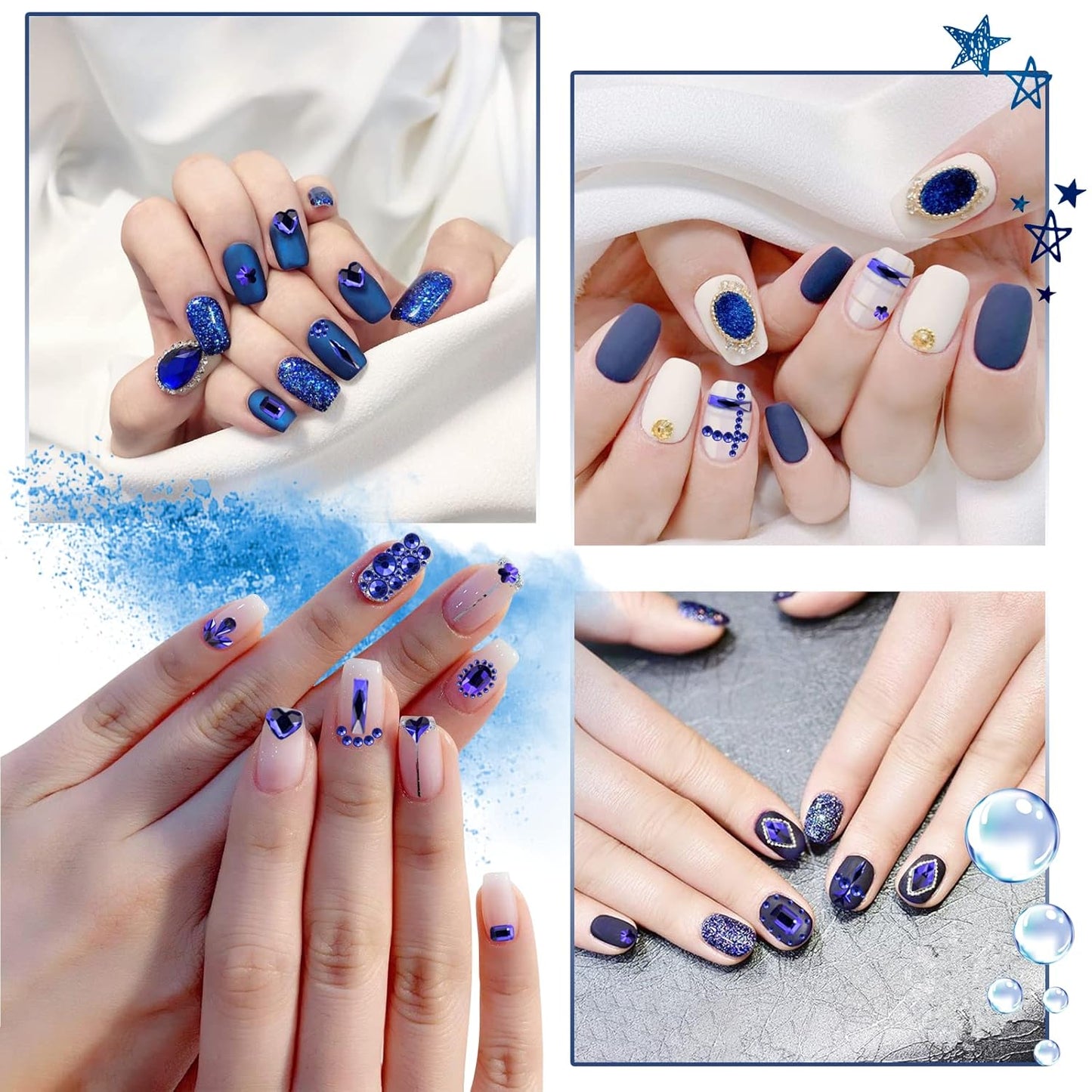 3100Pcs Flat Back Rhinestones for Nails, HOINCO Blue Rhinestones for Nails, Mix 20 Styles Flatback Rhinestone/Gems, 600 Diamonds + 2500 Round Rhinestones Beads for Nail Crafts with Tweezers Pen