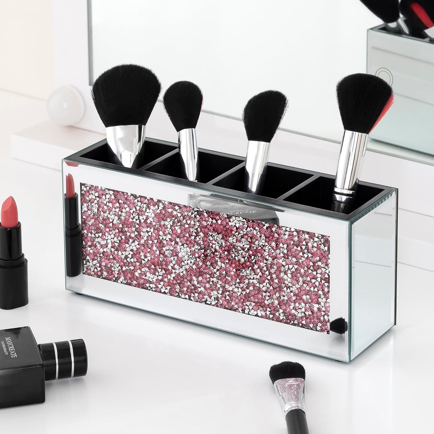 SHYFOY Mirrored Makeup Brush Holder, 4-Compartment Makeup Organizer with Pink Crushed Diamond, Vanity Cosmetics Organizer Solution, Pencil Holder Organizer for Desk