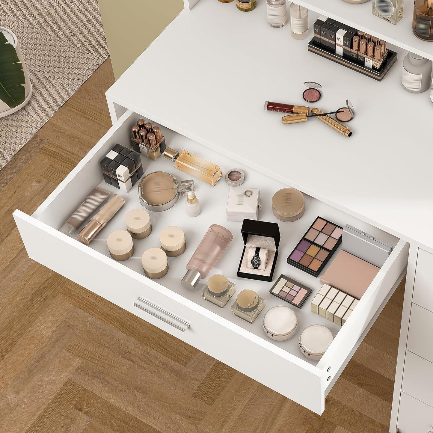 Quimoo Makeup Vanity Desk with Mirror & Lights, Vanity Desk with 5 Drawers & Storage Shelves, Vanity Table, 3 Color Modes & Adjustable Brightness Dressing Table, Bedroom, White