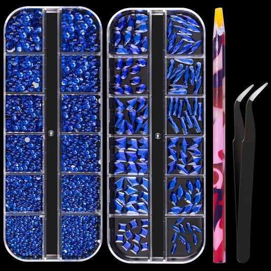 Multi Shapes Dark Blue 3D Glass Crystal Nail Art Rhinestones Kit with Flatback Round Bead Charm Gem Stone Jewelry Diamond with Pickup Pen + Tweezer for Manicure Makeup DIY Craft Decoration
