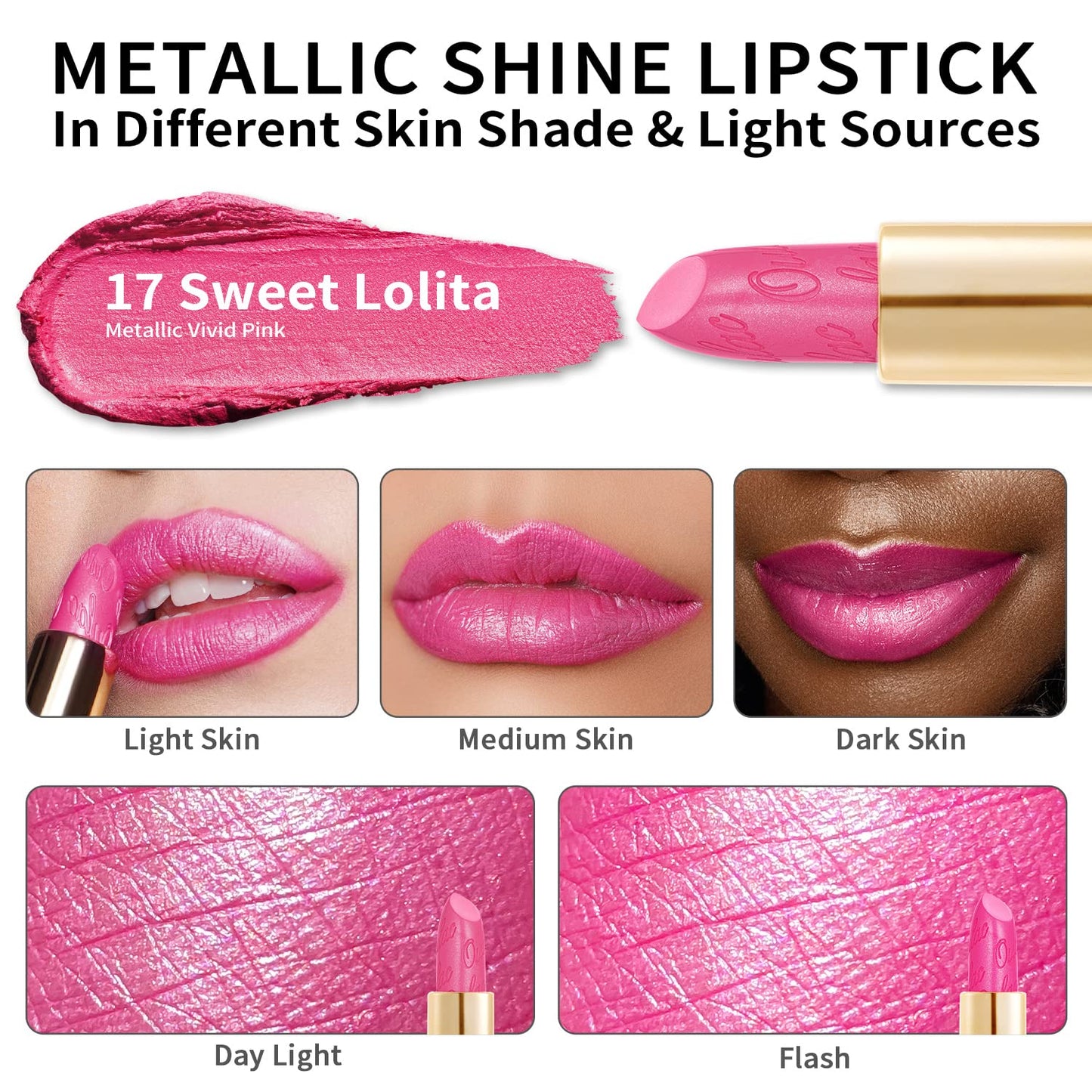 Oulac Hot Pink Lipstick for Women with Metallic 3D Shine Lightweight Hydrating Formula, High Impact Lip Color, Vegan Beauty, Full Coverage Lip Makeup, Christmas Gifts for Women, Sweet Lolita(17)