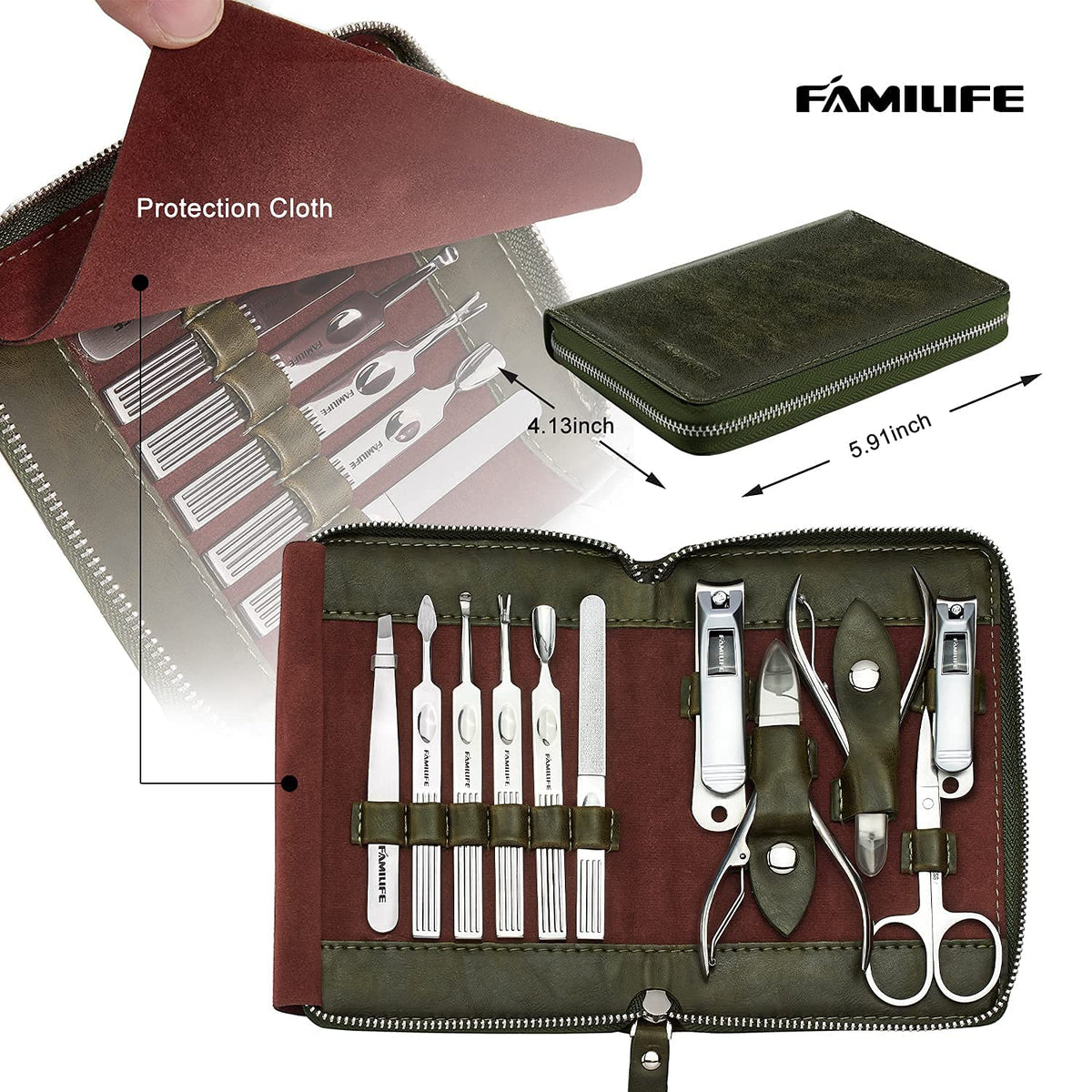 FAMILIFE Manicure Set, Professional Manicure Kit Nail Clippers Set 11 in 1 Stainless Steel Nail Pedicure Tools Kit Grooming Tool with Portable Green Leather Travel Case Luxury Gifts for Women and Men