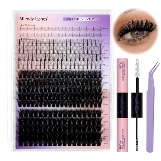 Lash Clusters Kit With Bottom Lashes 3D Curl 60/80/100/200D DIY Lash Extension Kit 12-18mm Multi-types Individual Lashes Bond and Seal, Spike, Volume Lashes Kit Lash Applicator(60/80 3DKit)