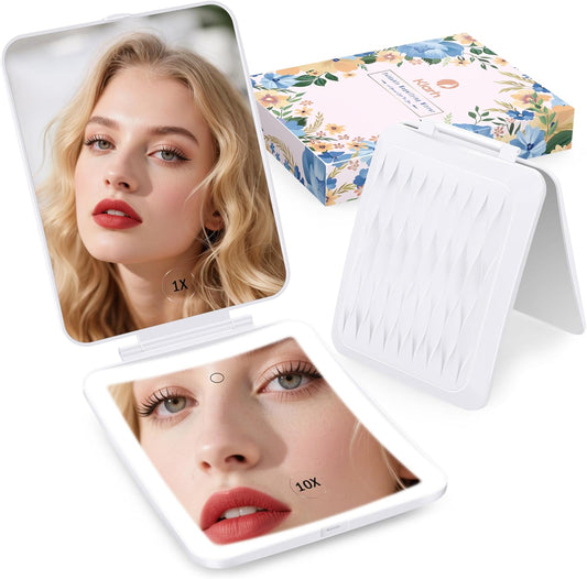 Travel Makeup Mirror with 1X/10X Magnifying, Portable Folding Make Up Tabletop Mirror for Office, Compact Vanity Mirror for Travel (Pearl White, No LED Lights)