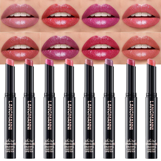 Jolilab 8Pcs Sparkling Lipstick Lip Gloss Long Lasting Waterproof Moisturizer Lip Balm Glitter Shimmer Metallic, Diamond Shiny Bold Glow Goth Lipstick for Women Girls, Non-sticky