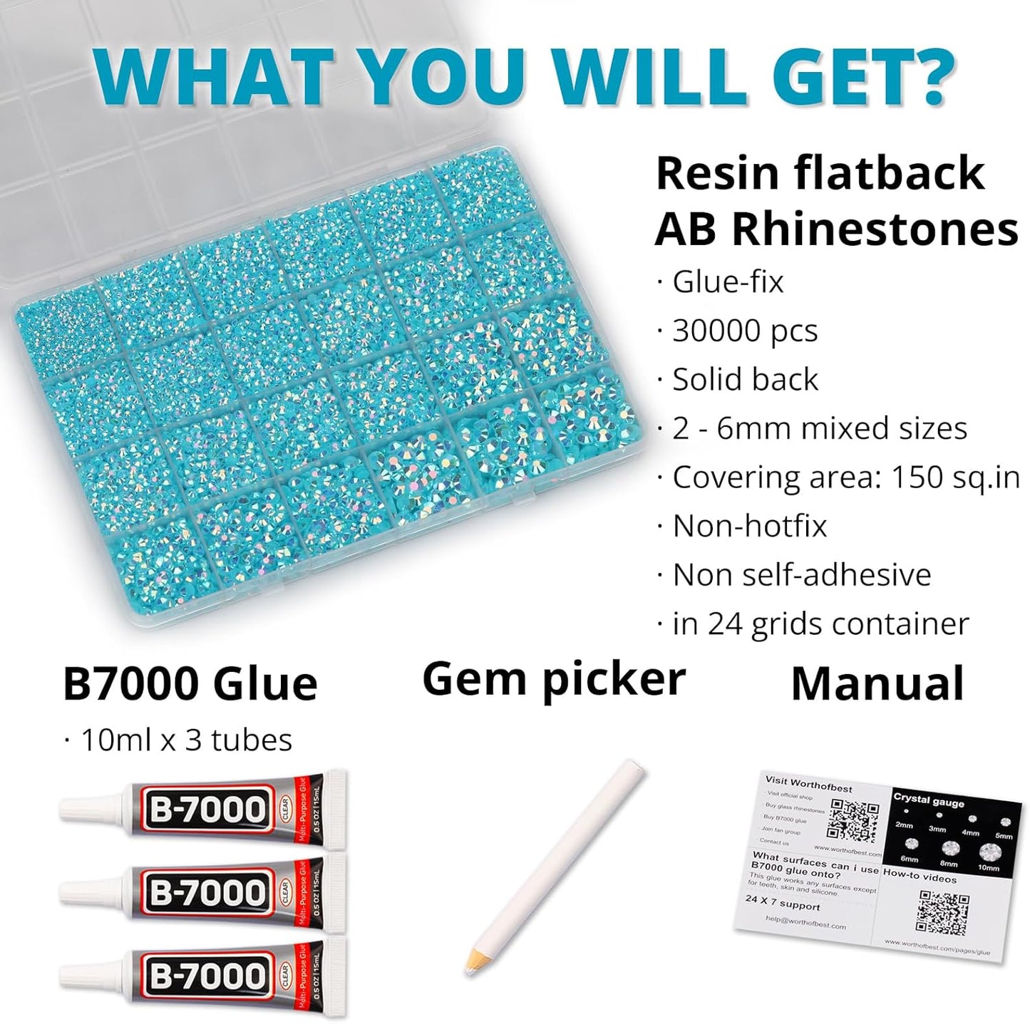 30000Pcs Resin Jelly Rhinestones Set for Crafting Bedazzling, Turquoise AB Flatback Gems Jewels for Crafts Clothes Shoes Fabric Outfit Nails Makeup, Flat Back Crystal 2-6mm with b 7000 Glue